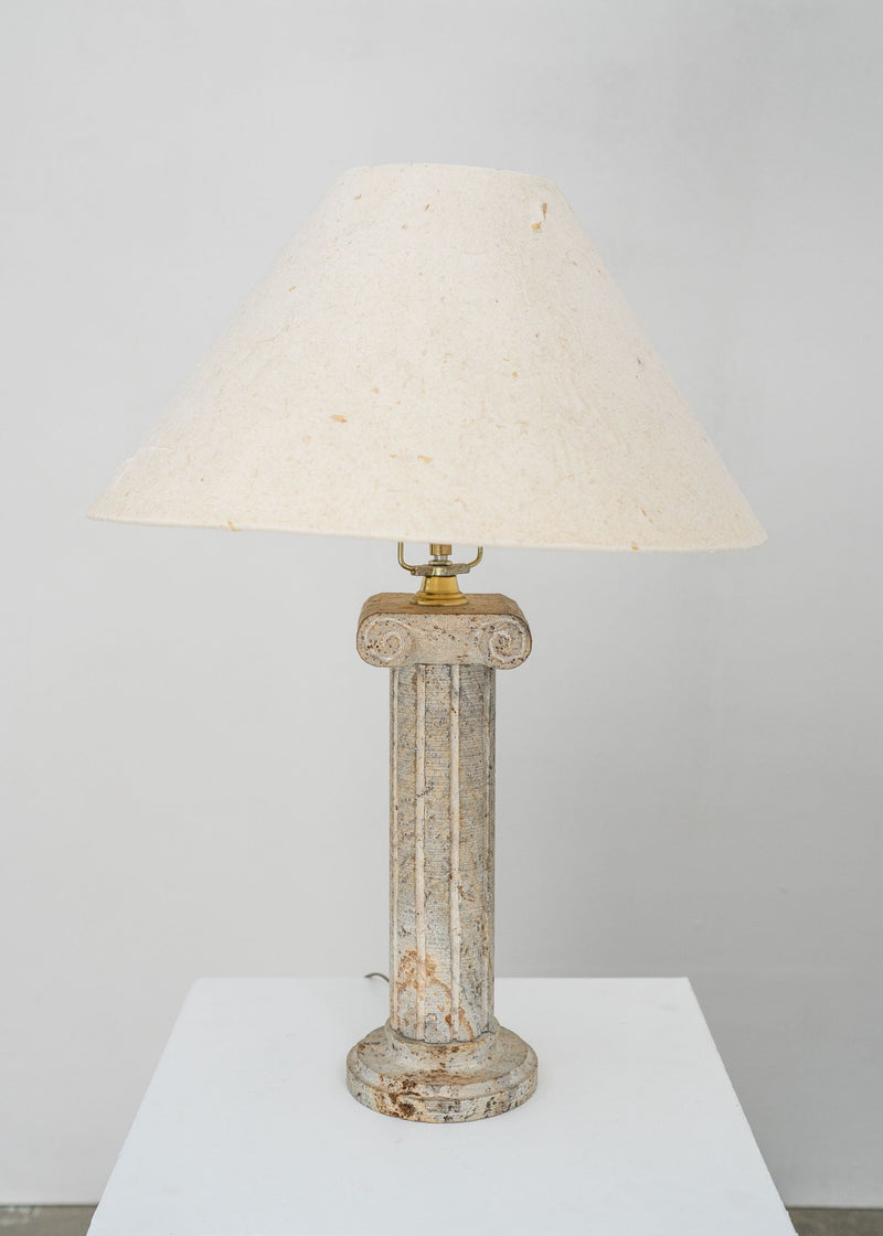Postmodern Stone Column Table Lamp — close-up of stone base and fabric shade
