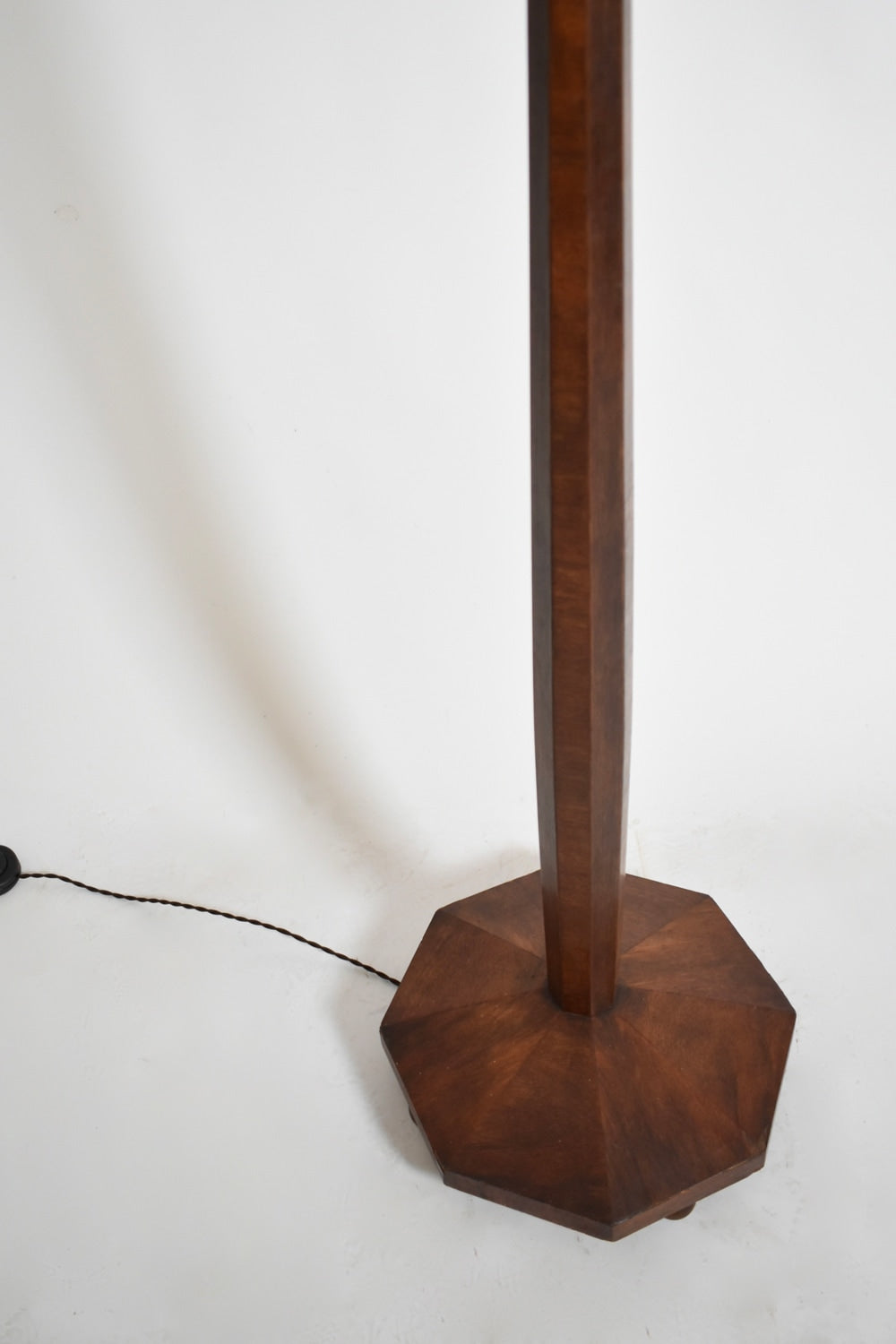 Art deco wooden floor lamp, 1930s — side angle of octagonal wooden base