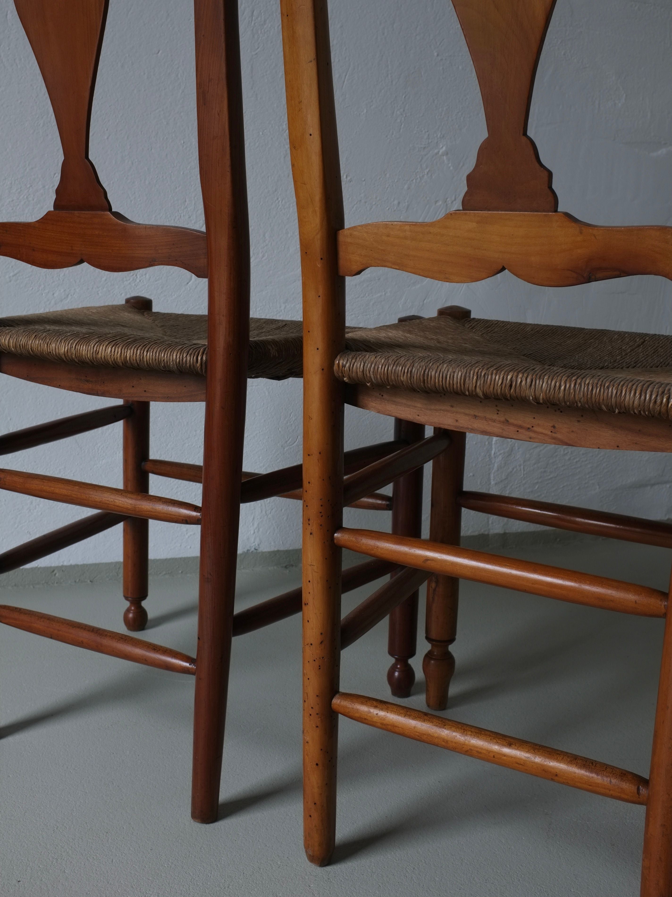 Rustic Rush Seat Chairs, Belgium 1940s — close-up of woven rush seat texture