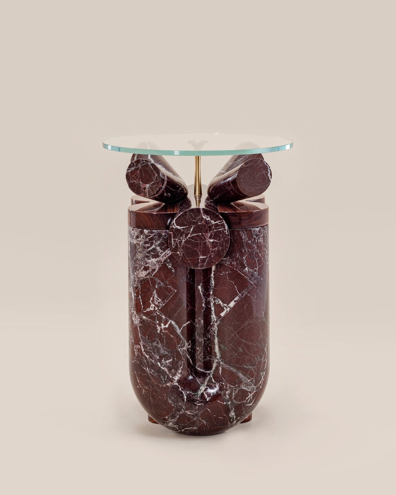 Ceti Side table — front view of red marble base with glass top