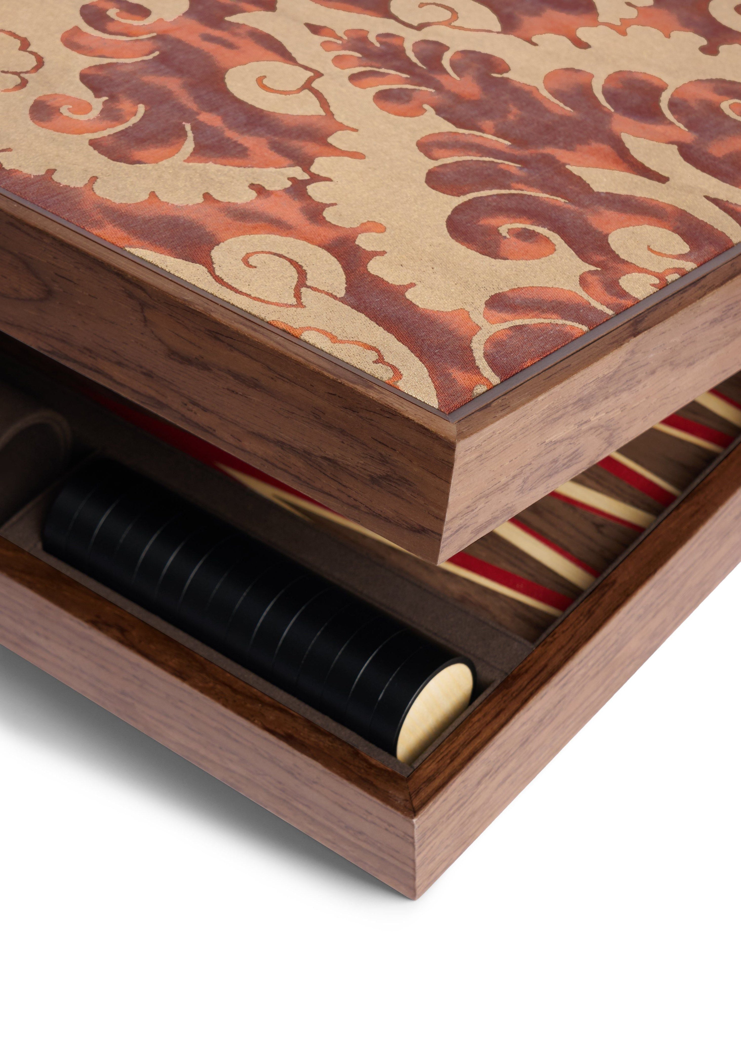 Fortuny Backgammon - Laotze/Oxblood Spice — close-up of patterned surface and wooden box