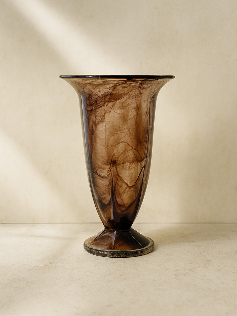 German Art Deco amber cloud glass vase with marbled swirl pattern