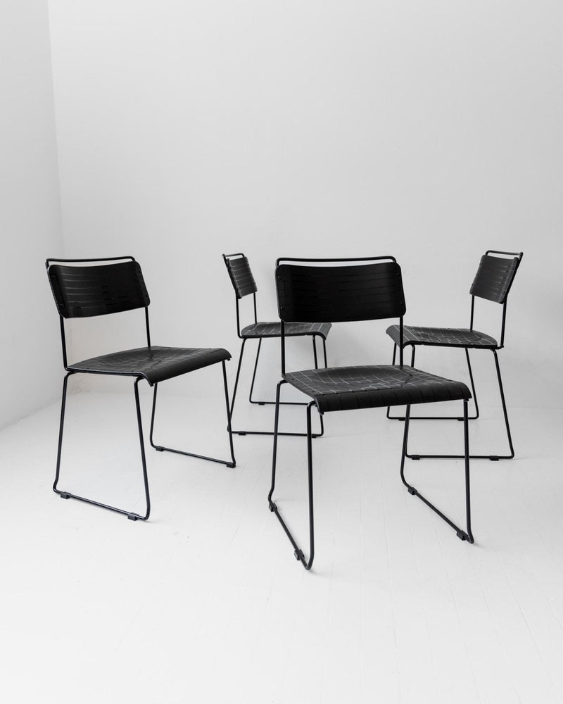 Vintage 1980s Dining Chairs, Set of 4, Postmodern Design, Black Metal and Plastic, Check Texture, Minimal Italian Design, Retro Interior by Bottega Jacobs