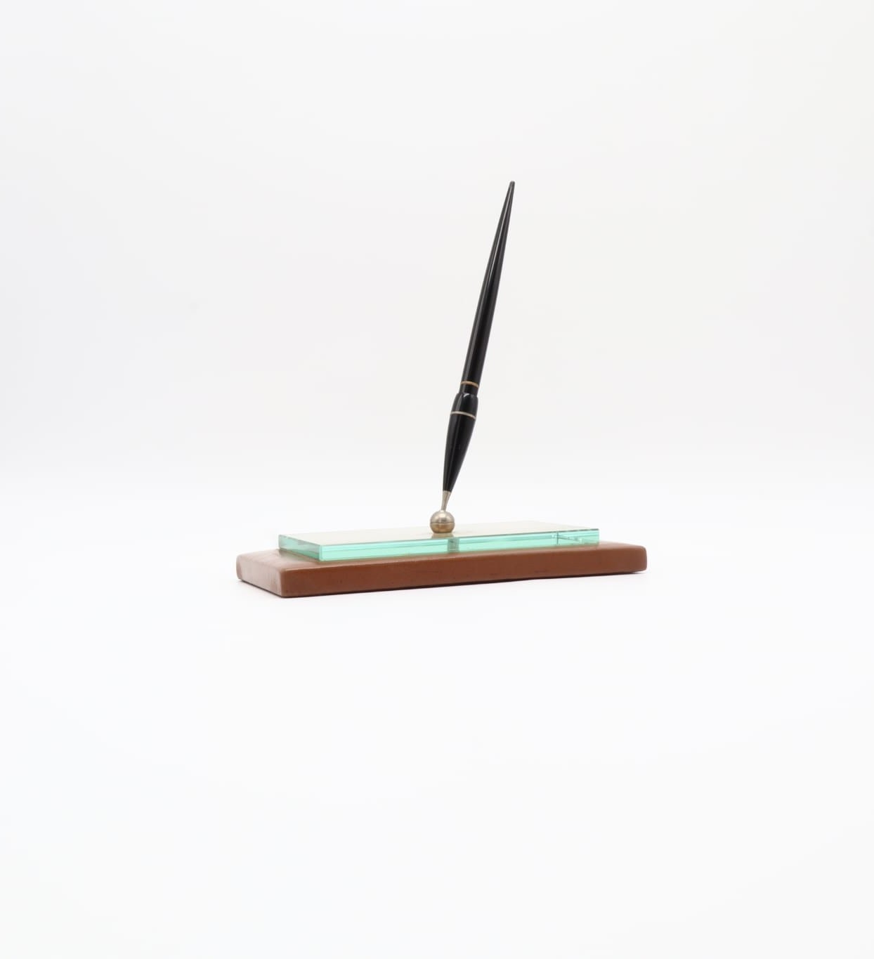 Mid-Century Glass and Leather Desk Pen Set – Italy, 1950s-1960s — detail view