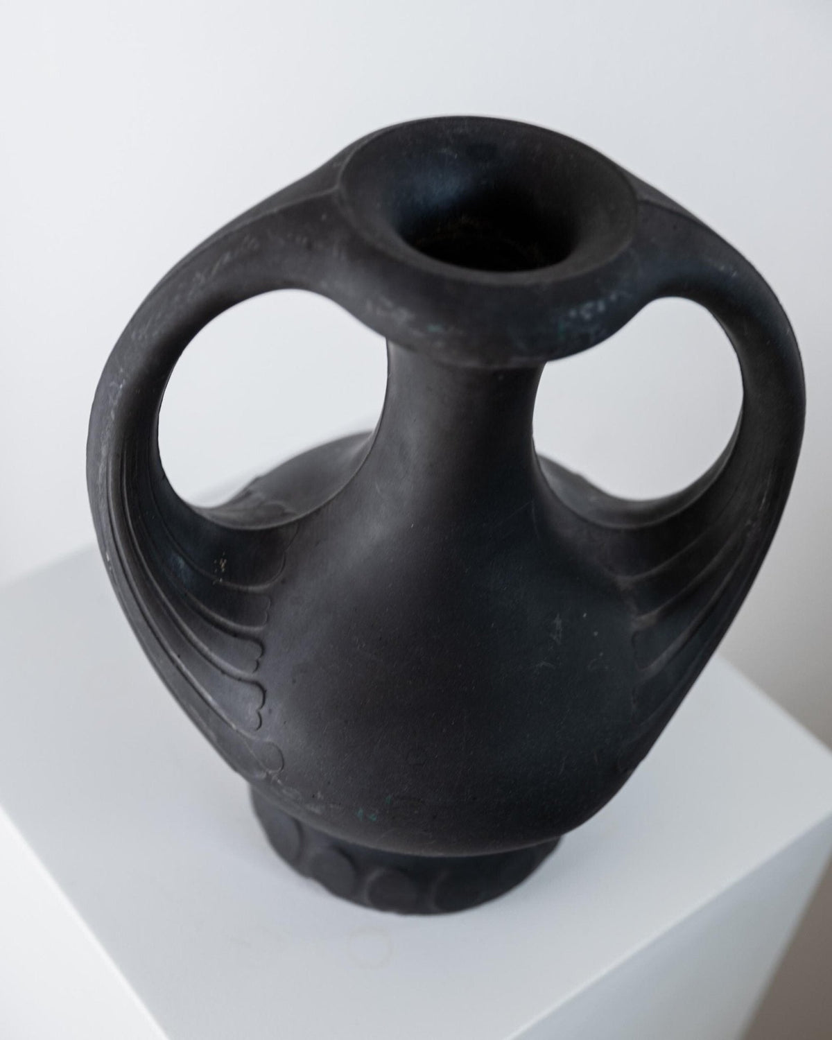 Antique 1920s Lavanite Stone Vase, Sculptural Black Matte Design with Two Handles, Fine Textured Surface, Art Deco Flowervase, Gift Idea — alternate view