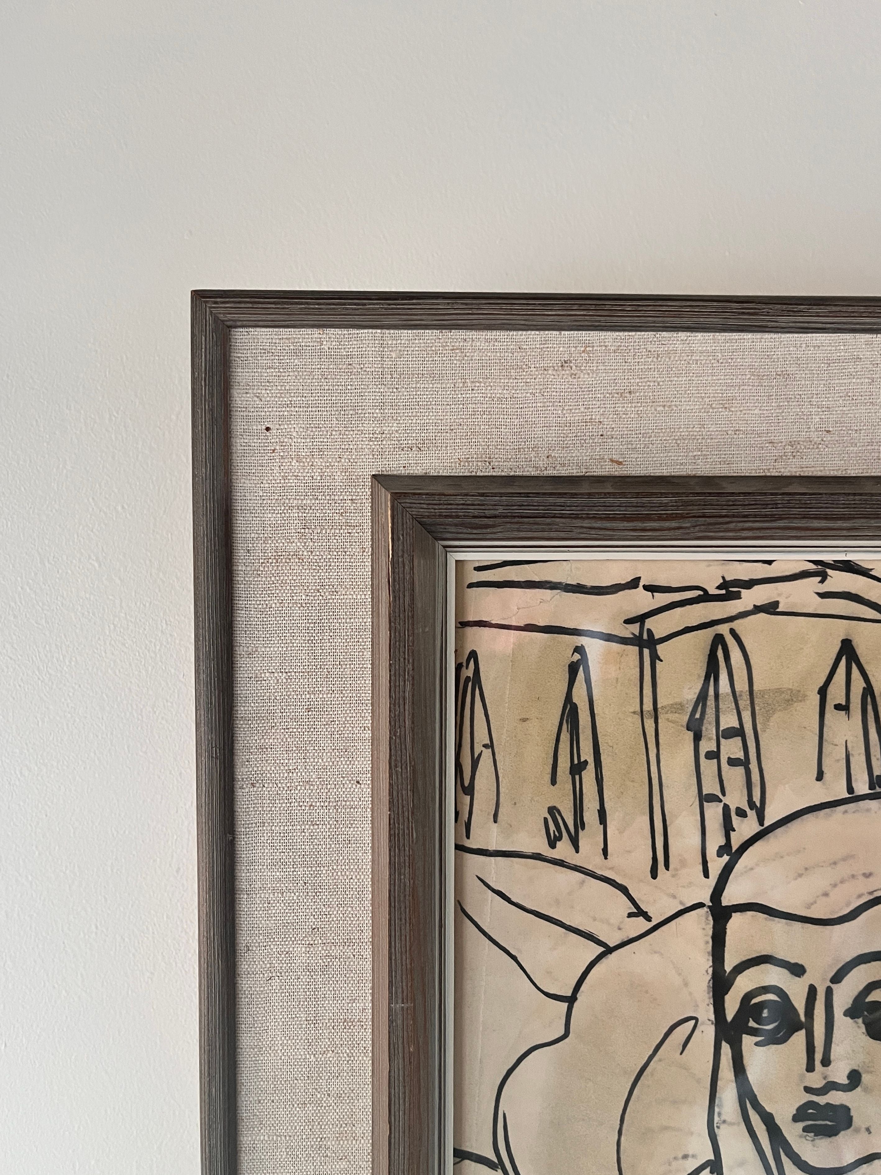 Mid-Century Ink On Paper by Erik Heinerttz — close-up of framed artwork with linen mat