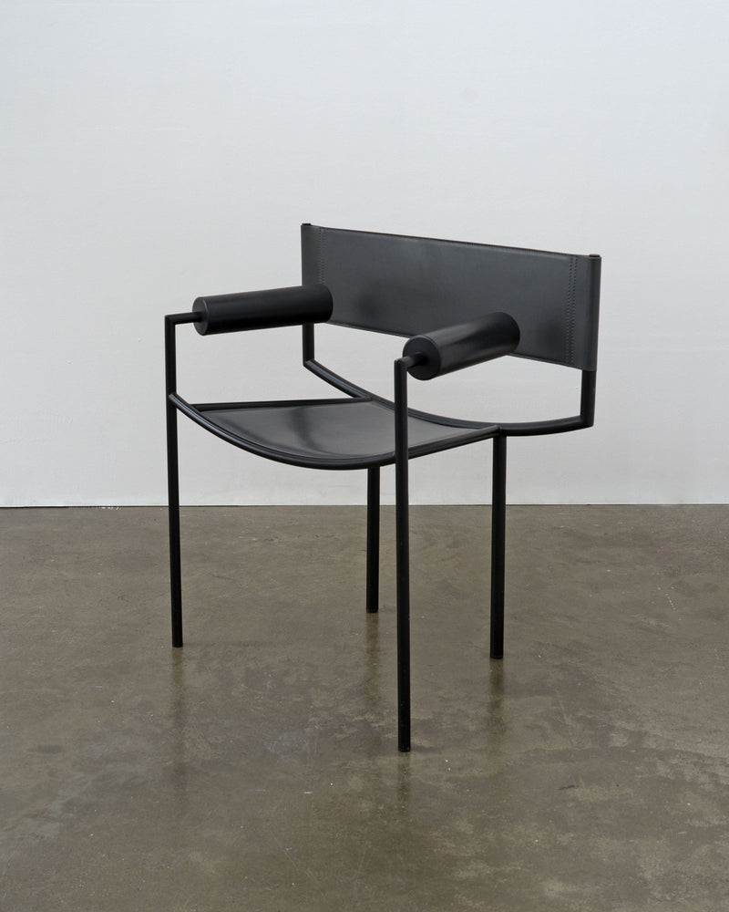 Postmodern Leather and Steel Chair, 1980s — close-up of black leather seat and armrests