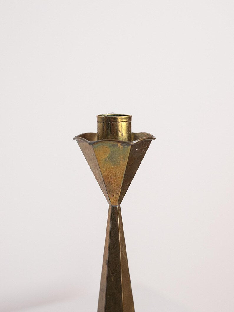 Hexagonal Brass Candlesticks Tall Pair, Hourglass Taper Holders 1960s — lifestyle setting
