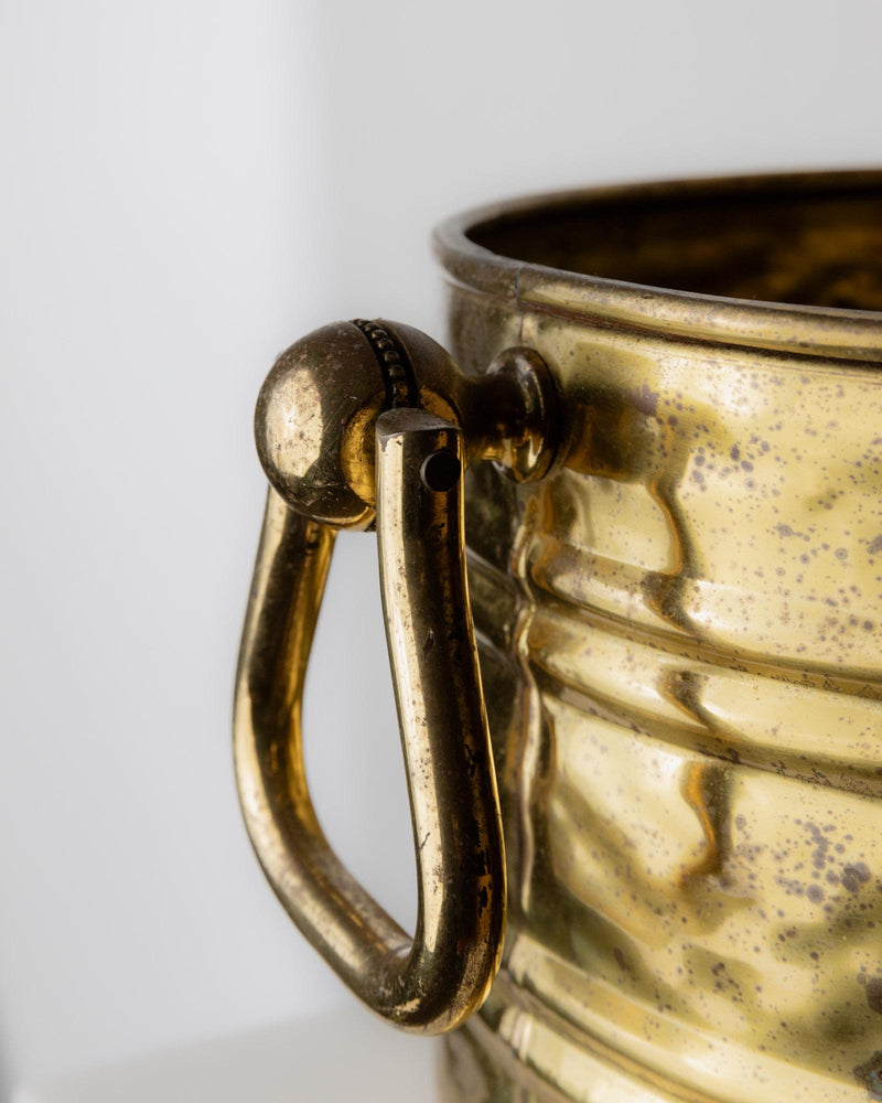 1970s Brass Planter or Wine Cooler — close-up of brass handle detail