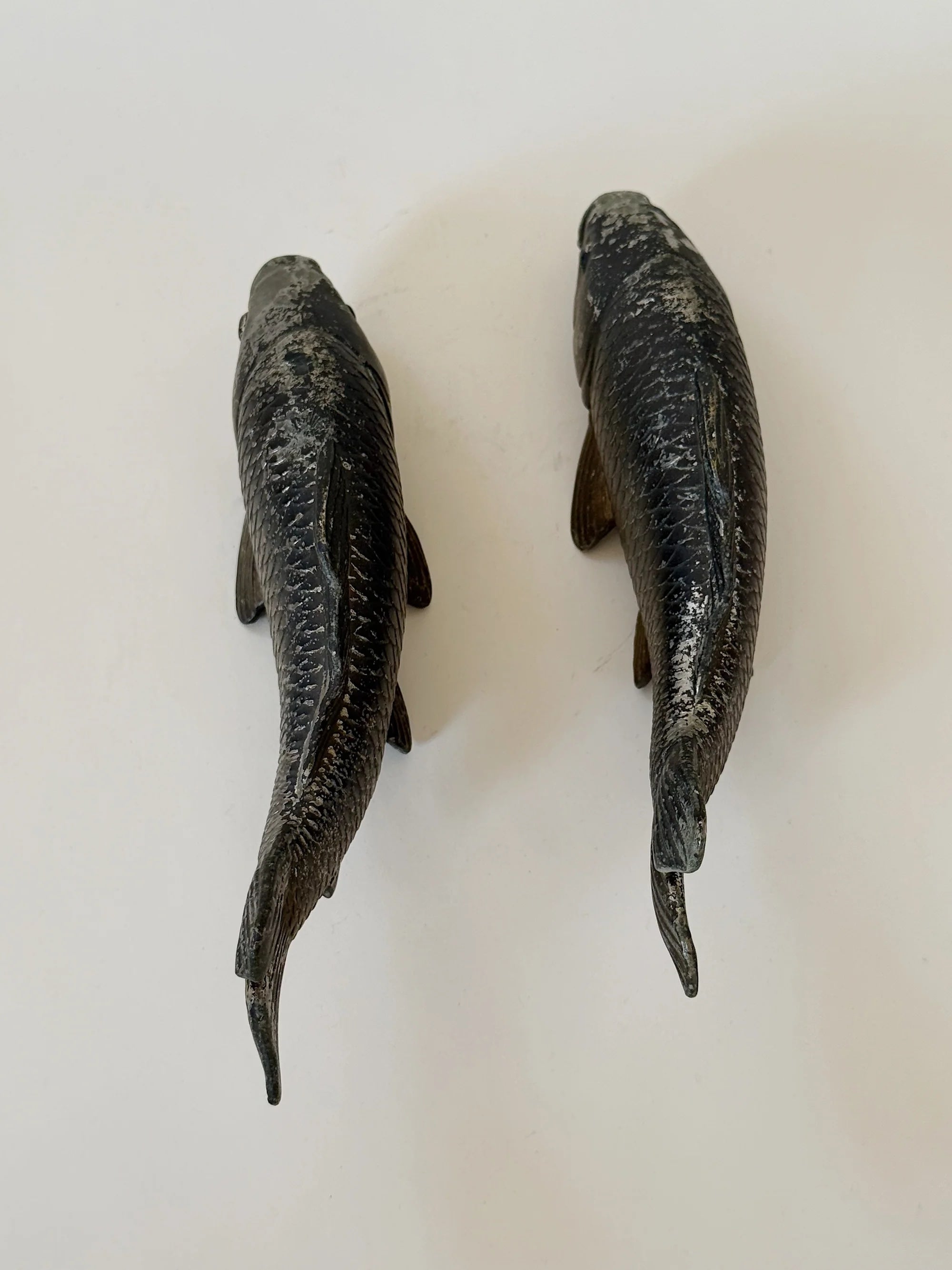 Cast Metal Koi Fish, Japan — top view showing textured dark finish
