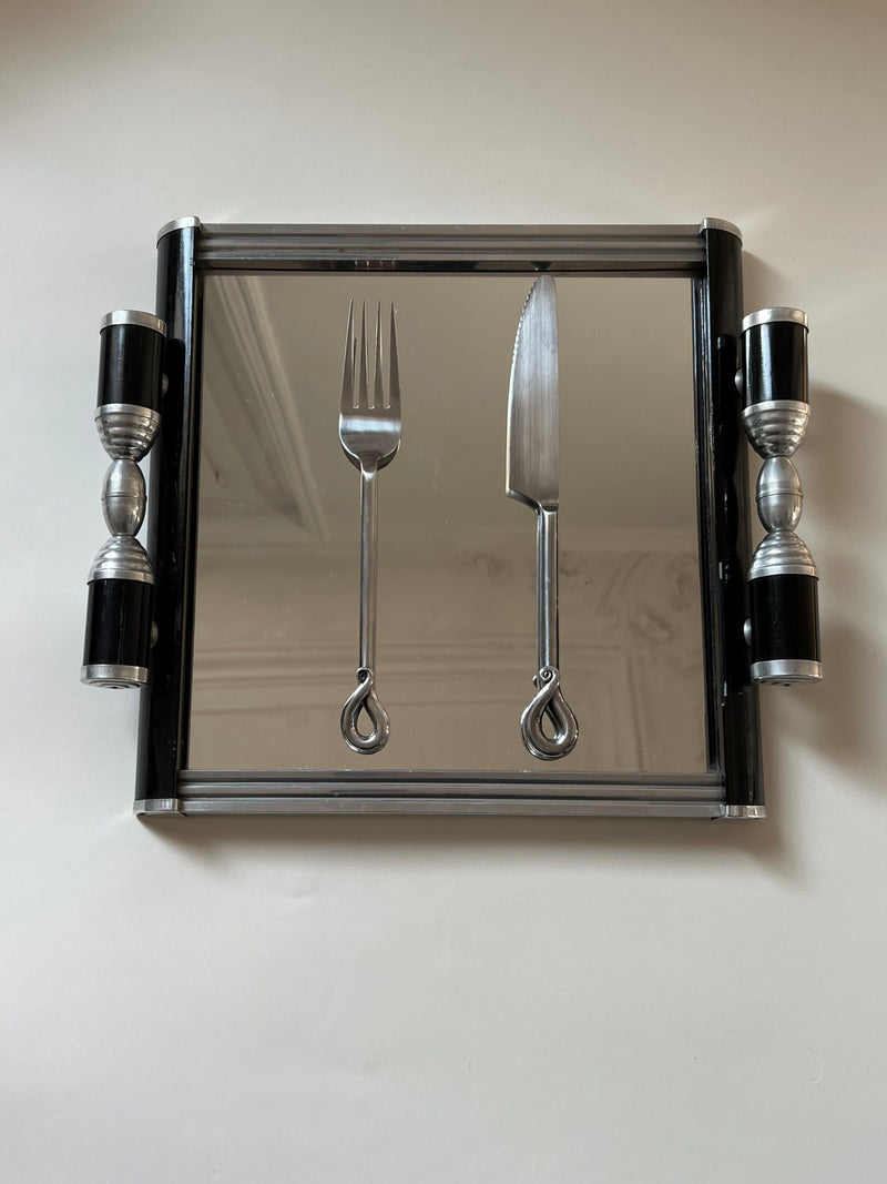 Art Deco mirrored serving tray with chrome handles and utensils