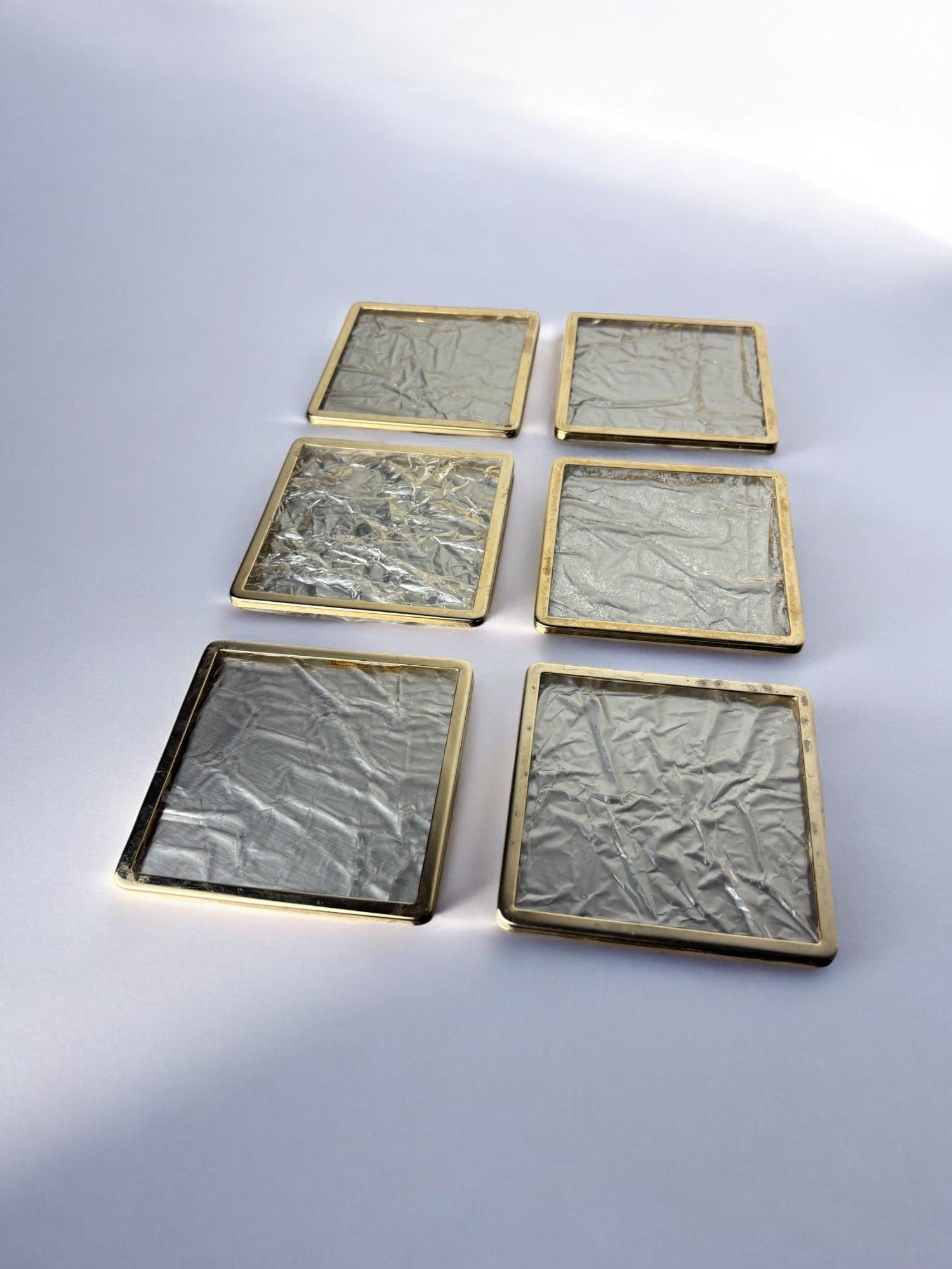 Ice Effect Lucite Coasters, Set of 6, Italy, circa 1970s — side angle showing textured surface and gold trim