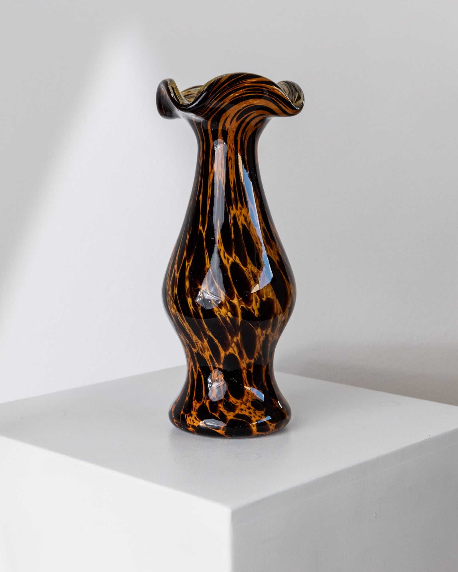 1960s Murano glass vase with amber and black swirled pattern detail