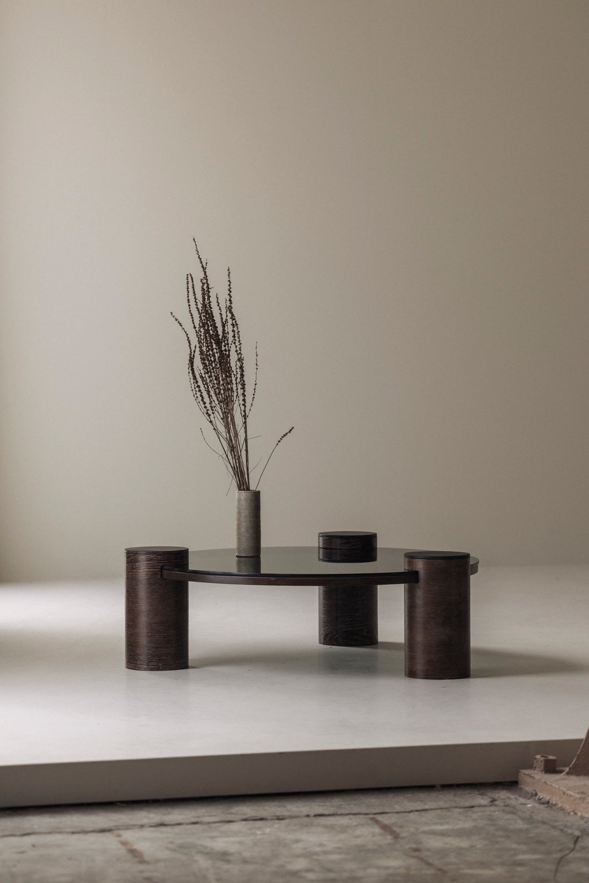 Sculptural Brutalist Wengé and Smoked Glass Round Coffee Table, 1970s — additional view