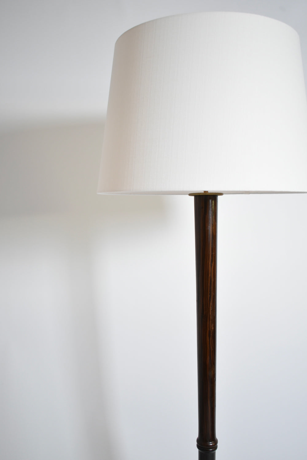 Wooden Art Deco Floor Lamp, 1930s — side angle showing dark wood base and white shade