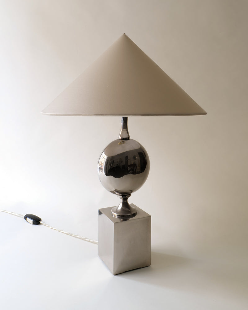 Chrome table lamp with conical shade on marble base by Barbier