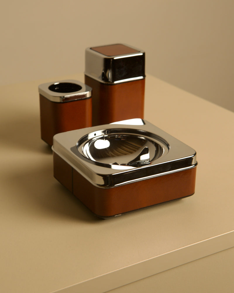 1960s Italian Cognac Leather Office Set — close-up of leather and chrome ashtray