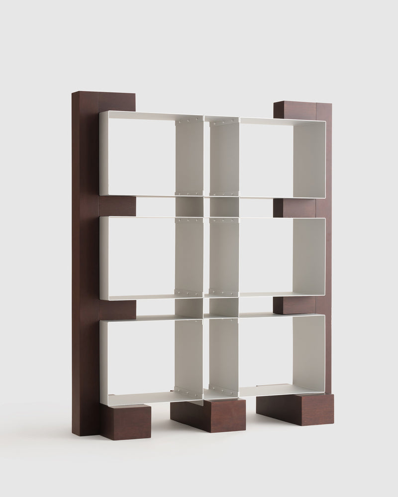 Dado modular bookshelf with white cubes and dark wood frame by Hun Lee