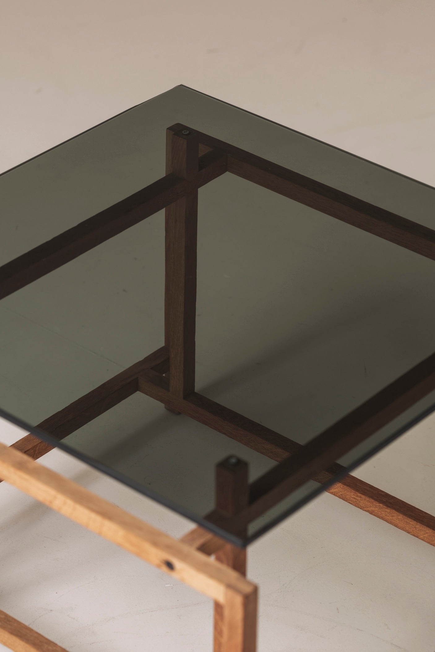 Elegant Geometric Oak Side Table by Henning Nørgaard, Denmark 1970s — back view highlighting wooden frame and glass top