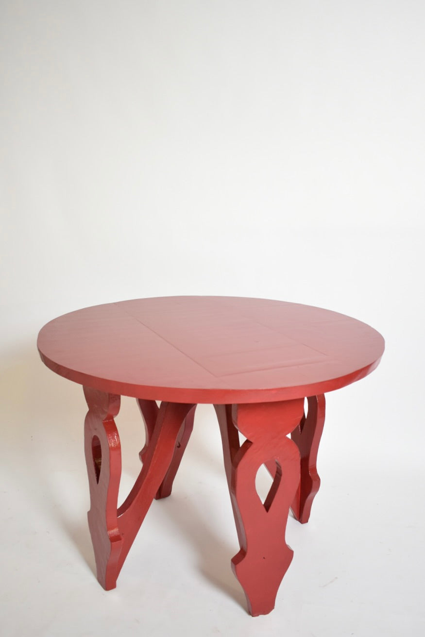 Burgundy Red Rustic Round Table, 1920s — side angle