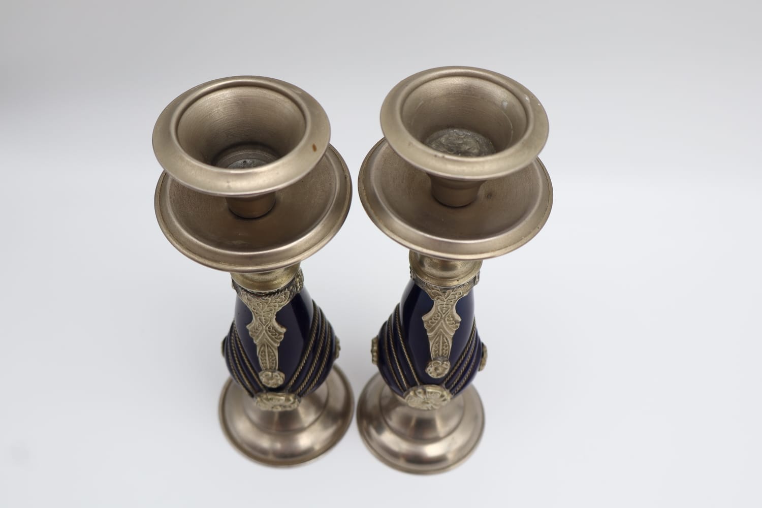 Pair of Vintage Moroccan Style Candlesticks – Cobalt Blue Resin & metal Ornamentation — side angle