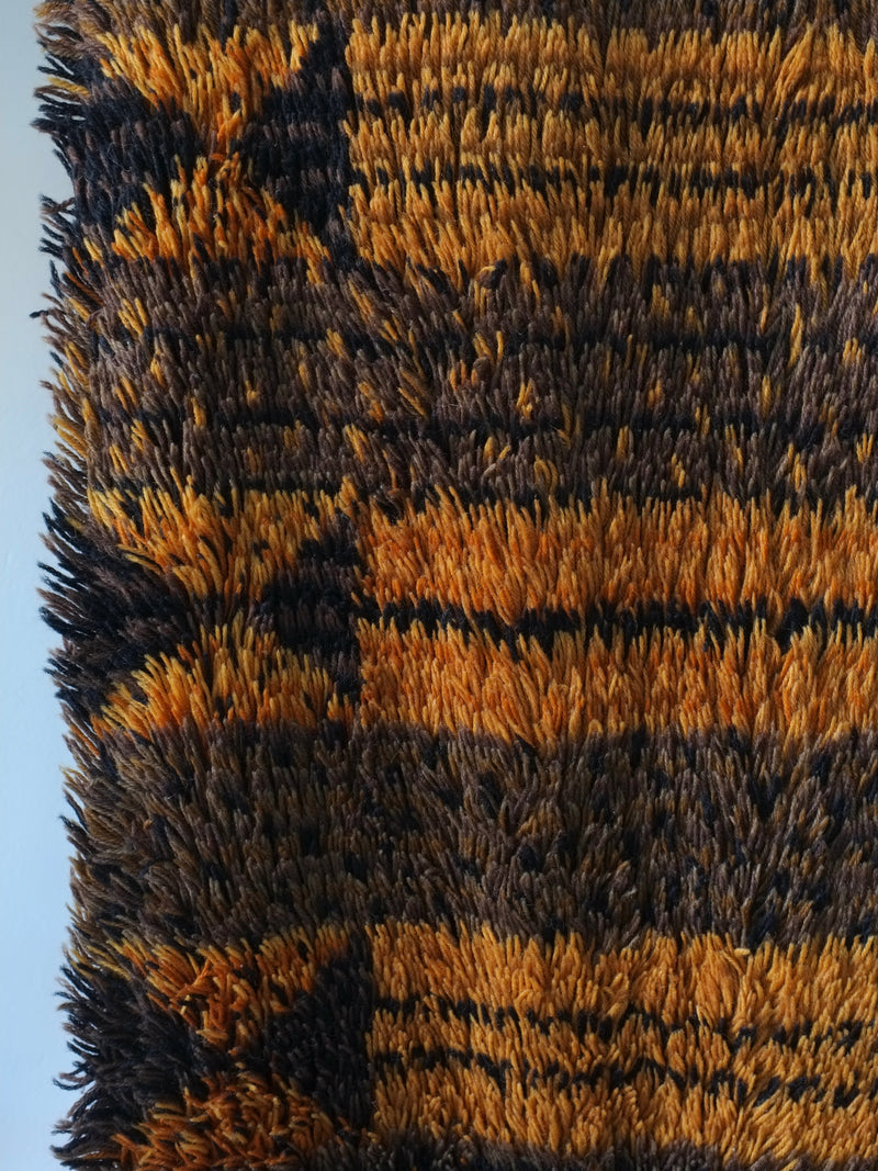 Large Scandinavian Brown Wool Rya Rug | Sweden | 1960s — close-up of textured brown wool fibers