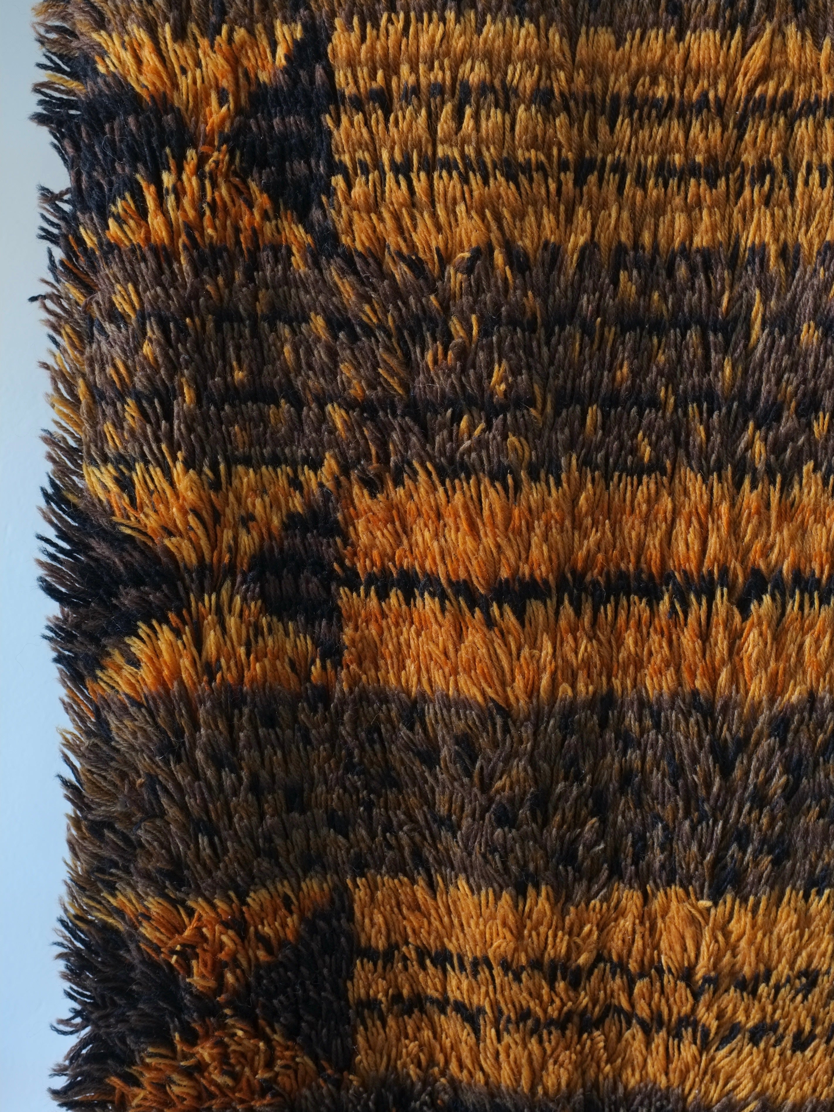 Large Scandinavian Brown Wool Rya Rug | Sweden | 1960s — close-up of textured brown wool fibers