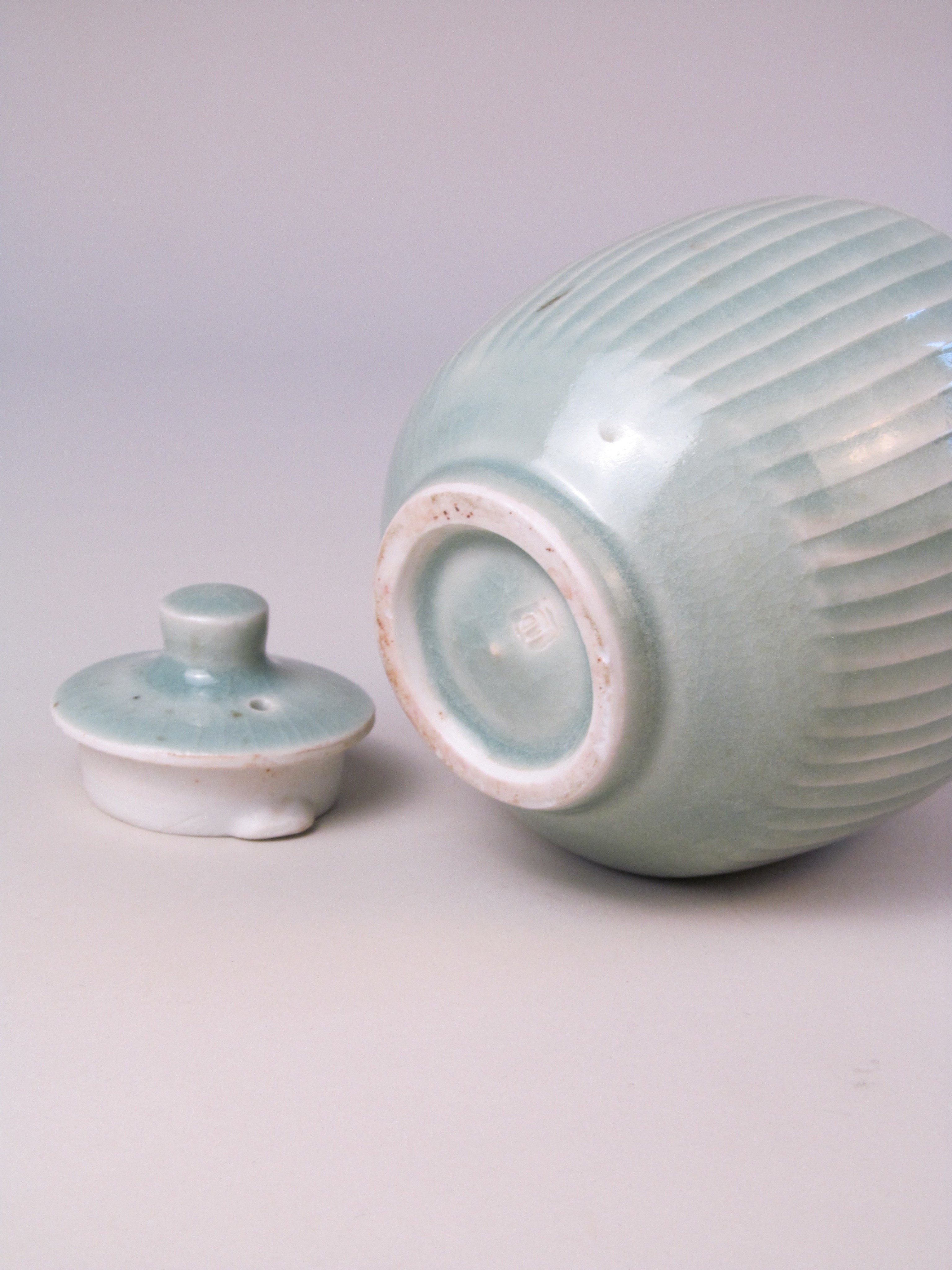 David Leach (1911-2005) Celadon Ribbed Teapot — back view showing ribbed ceramic texture