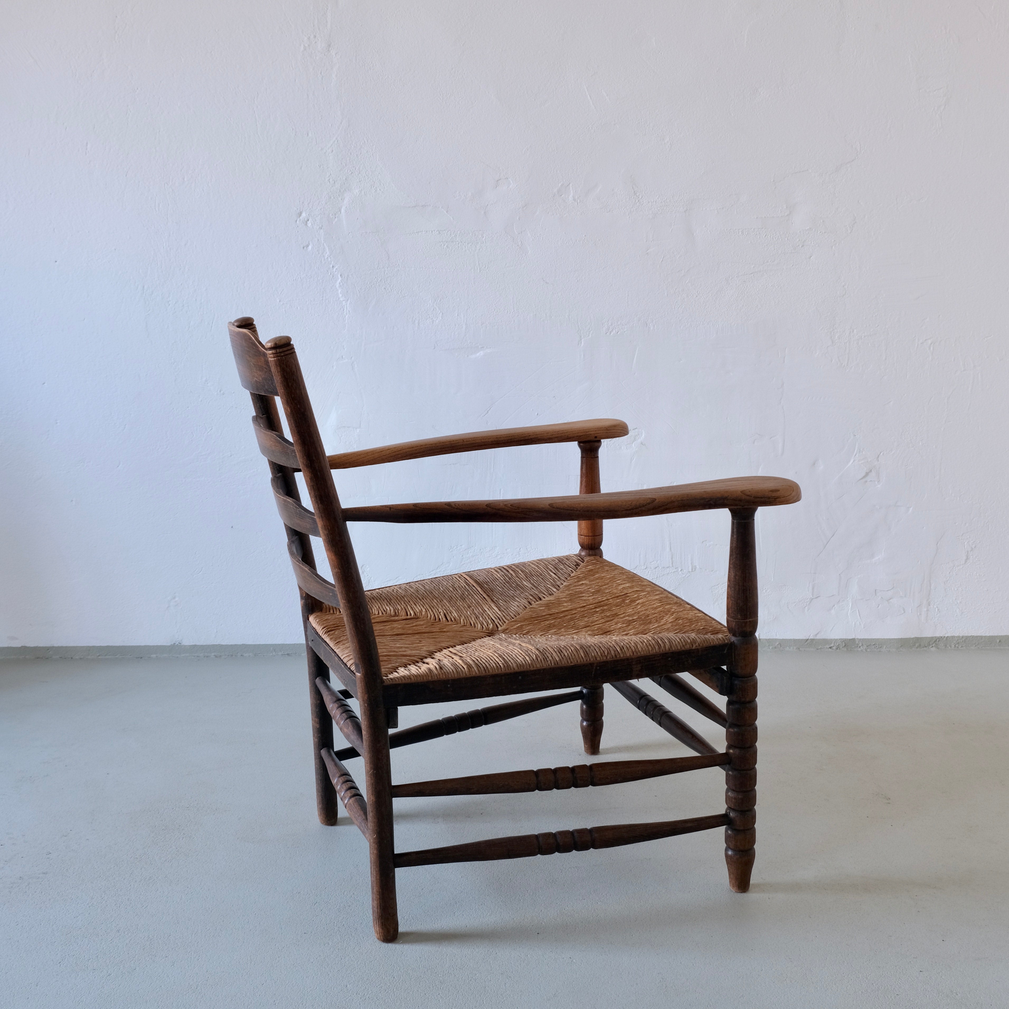 Rustic Bobbin Rush Seat Low Armchair | Netherlands | 1940s — alternate view