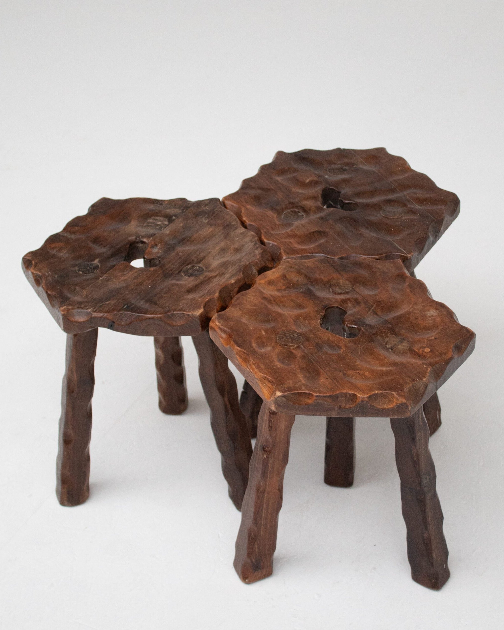 Set of 3 Brutalist Stools in Wood