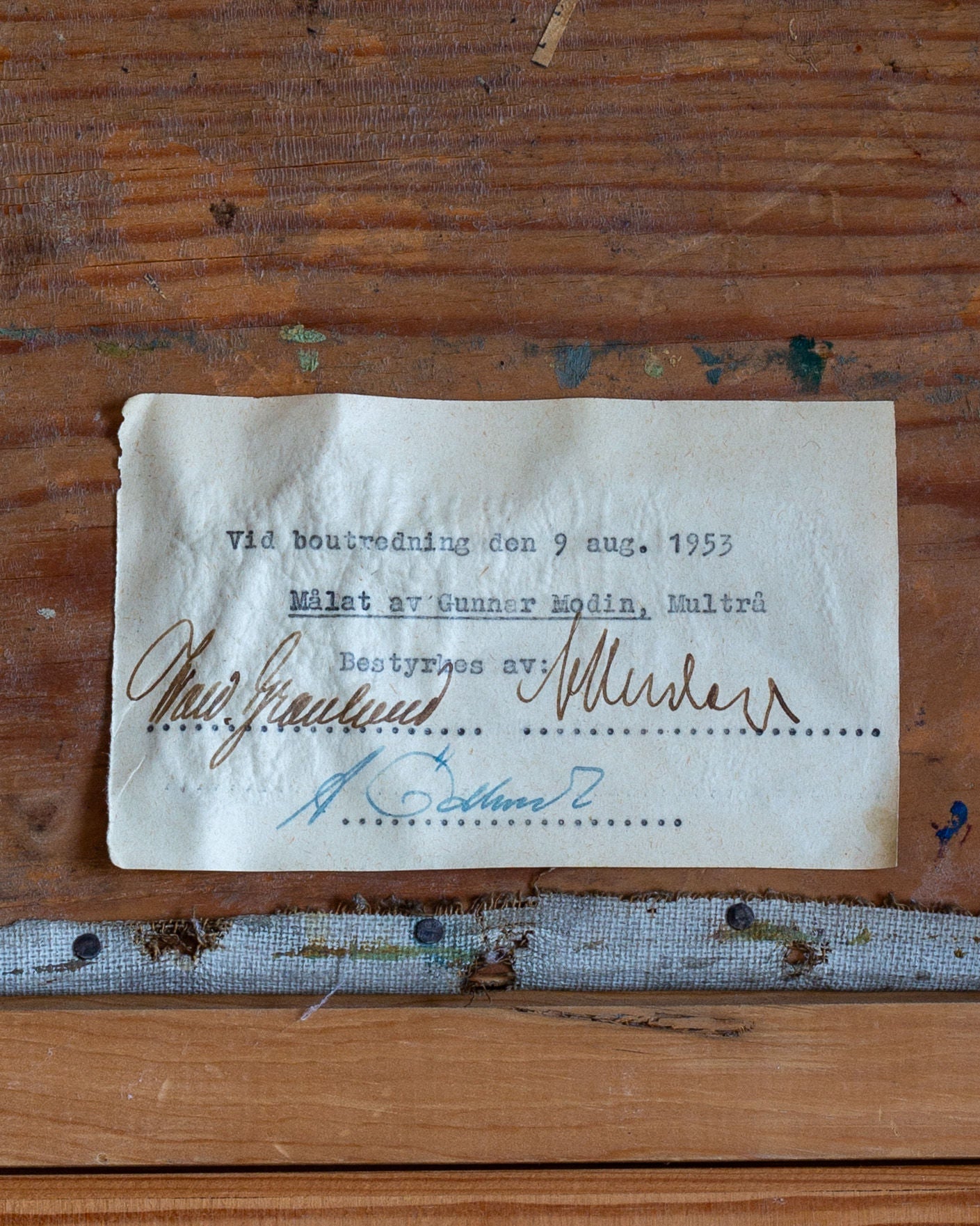 Vintage Nordic Landscape Painting, 1930s-40s — back view showing signature and label details