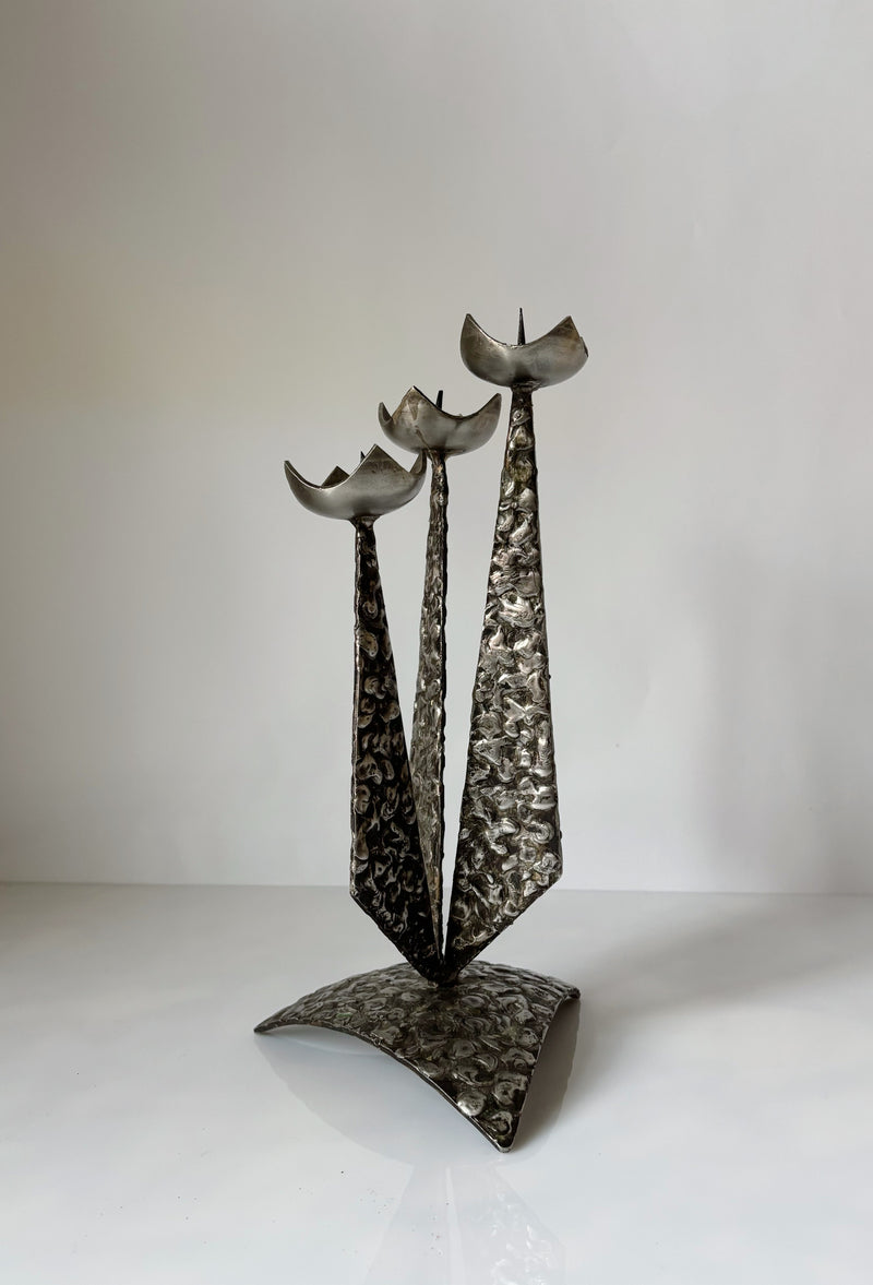 Brutalist Steel 3 Arm Metal Candlestick by Huerto | The Oblist — handcrafted metal design