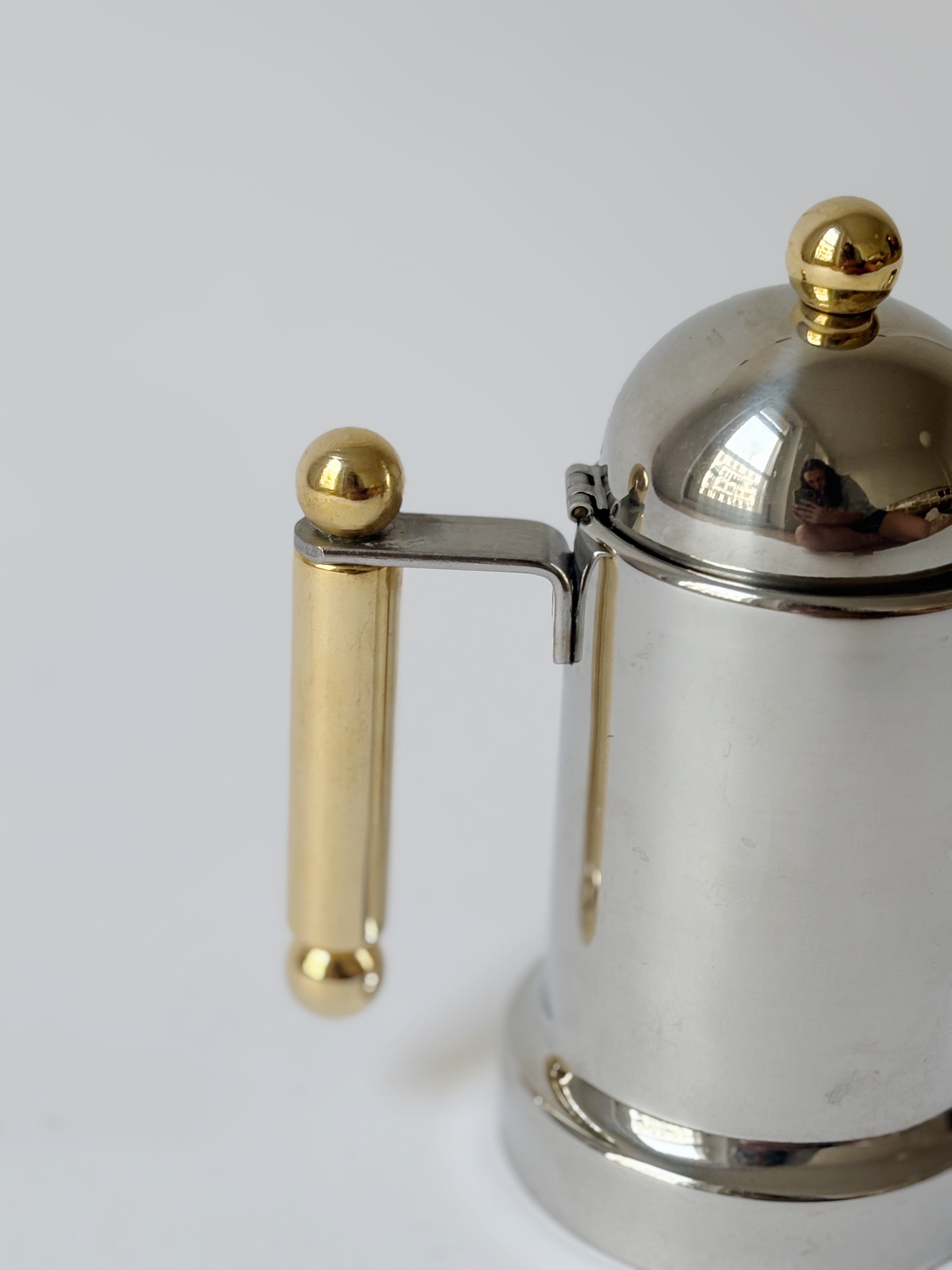 Kontessa Moka Pot, c. 1980's Italy — close-up of polished metal handle