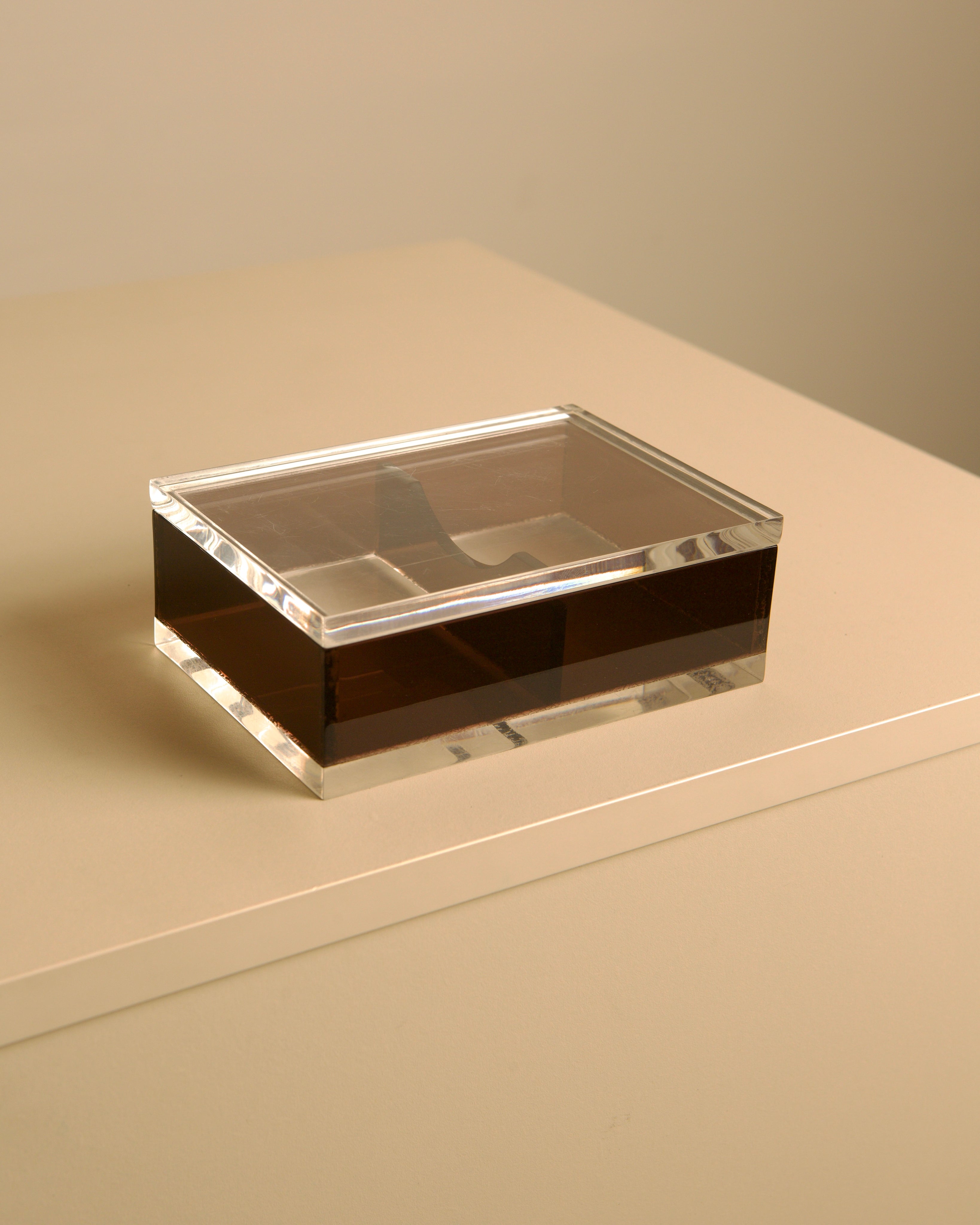 Italian smoked and clear plexiglass box, 70s — side angle