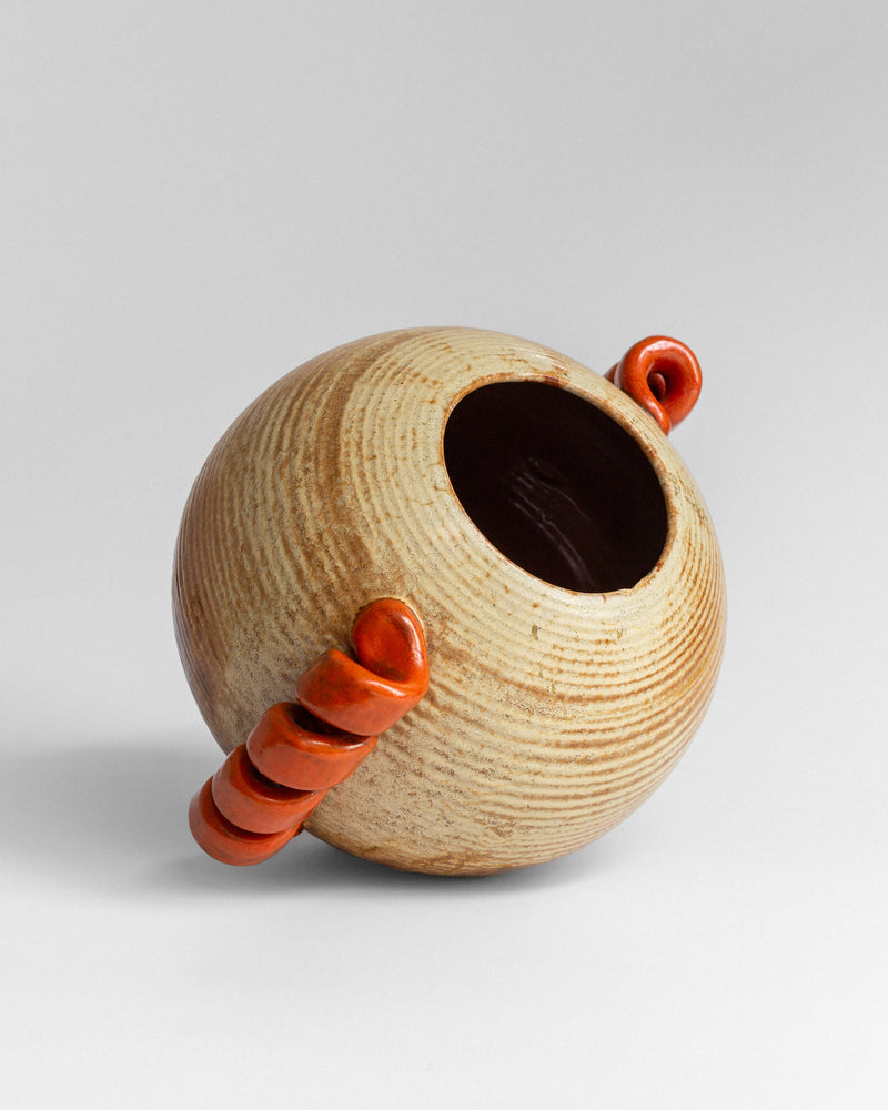 Swedish Modernist Vase with Sculptural Handles — close-up of ceramic with orange handles