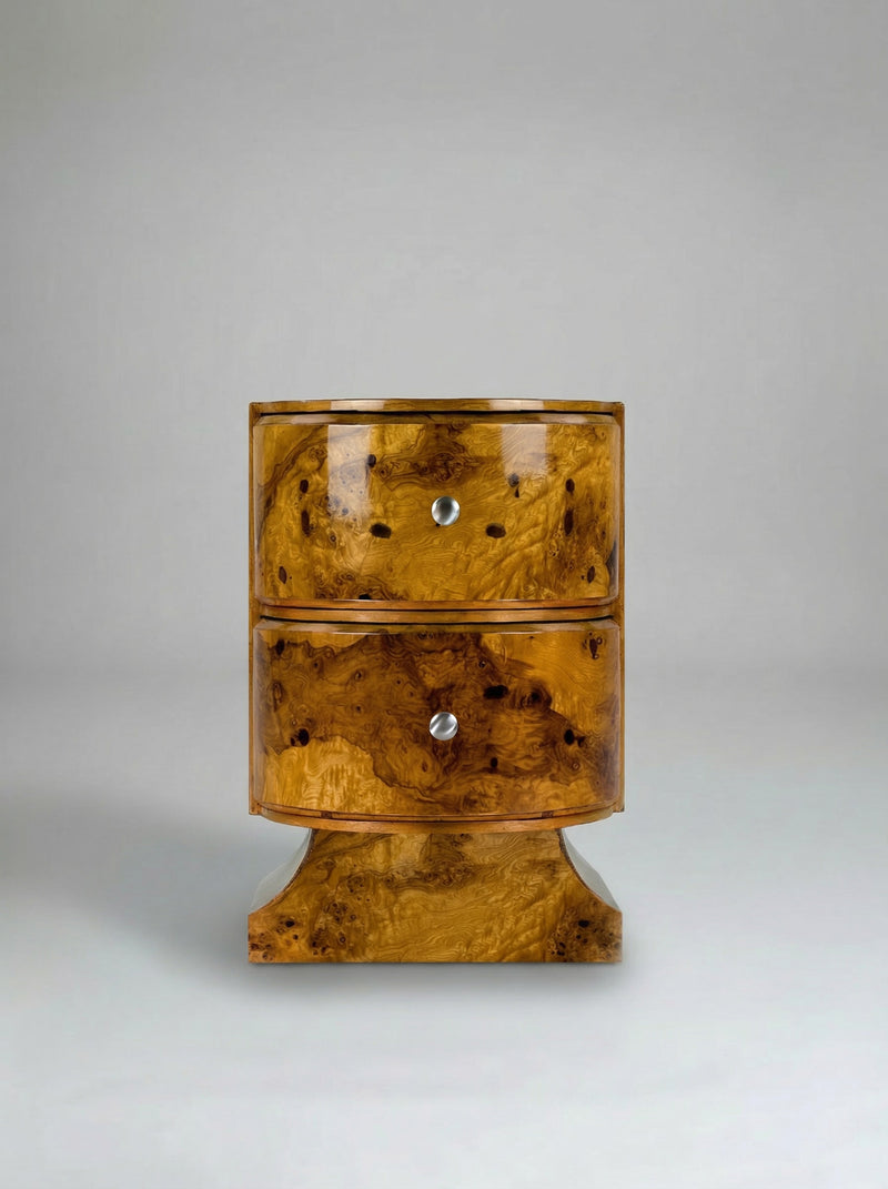 Jumeaux' Olive Burl Bedside Table by Meola Interiors | The Oblist — olive burl wood, modern design
