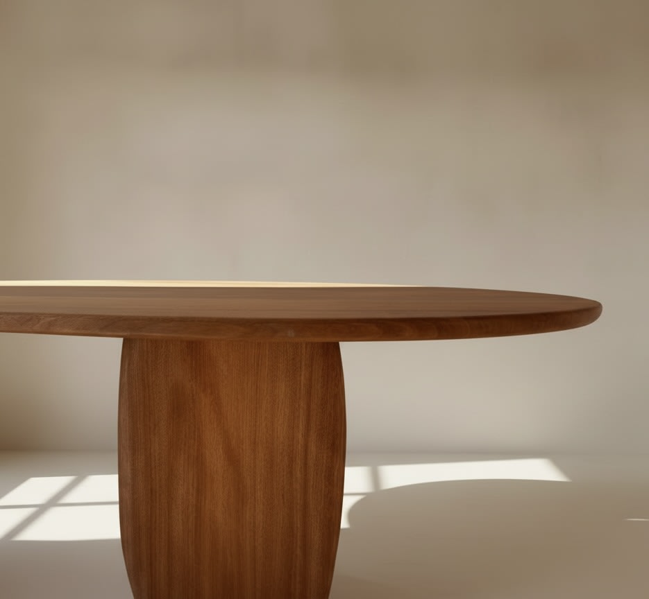 Dining Table - Wavy texture — side view of wooden table in neutral setting