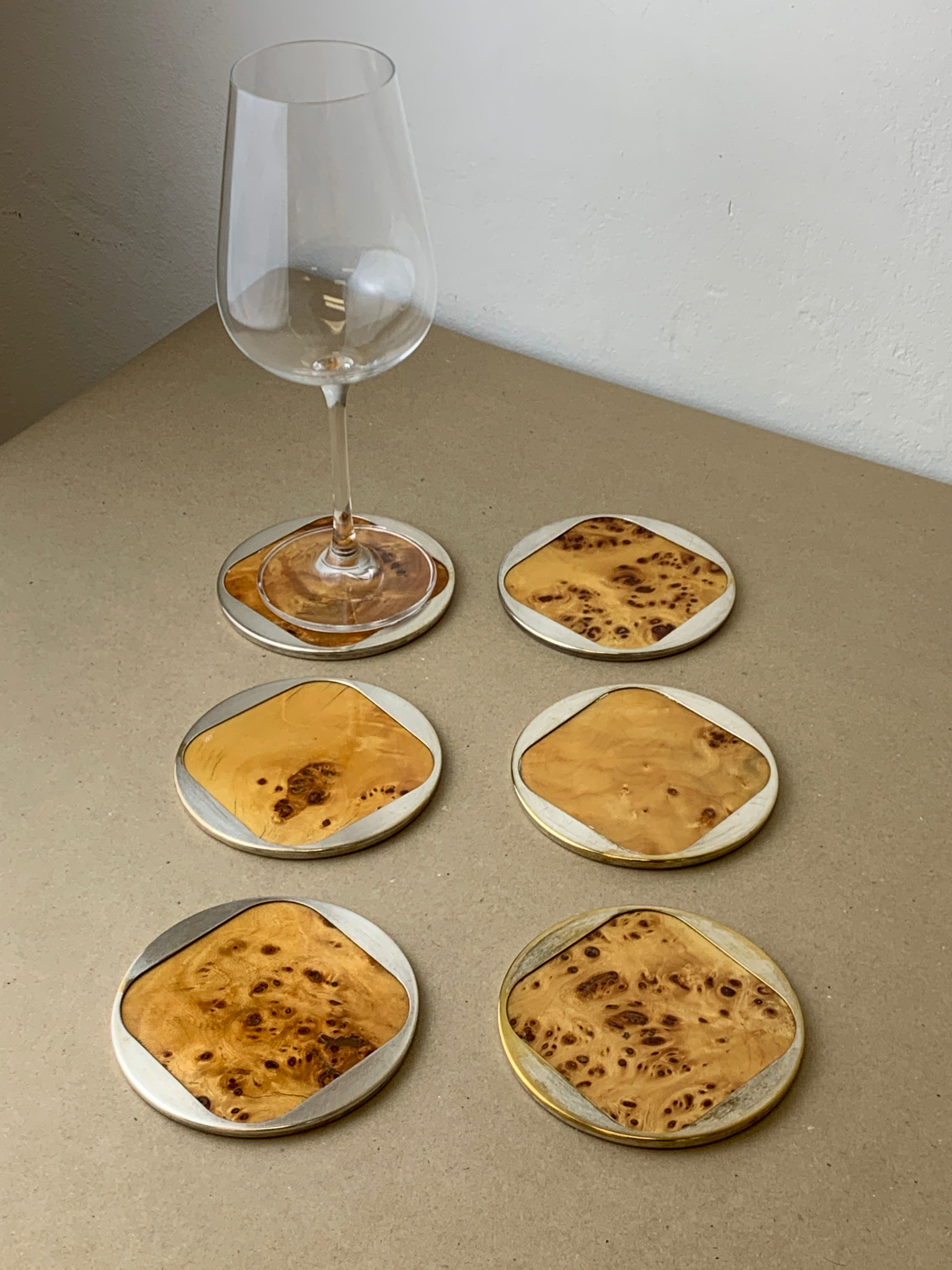 Aldo Tura Style Coasters in Lucite burl wood, set of 6, Italy, Circa 1970's — side angle