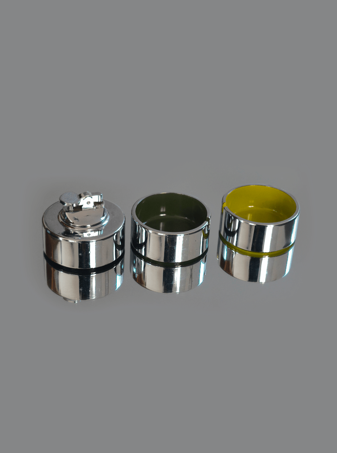 Vintage Ashtray and Lighter by Isamu Kenmochi, 60's — top view showing chrome finish and compartments