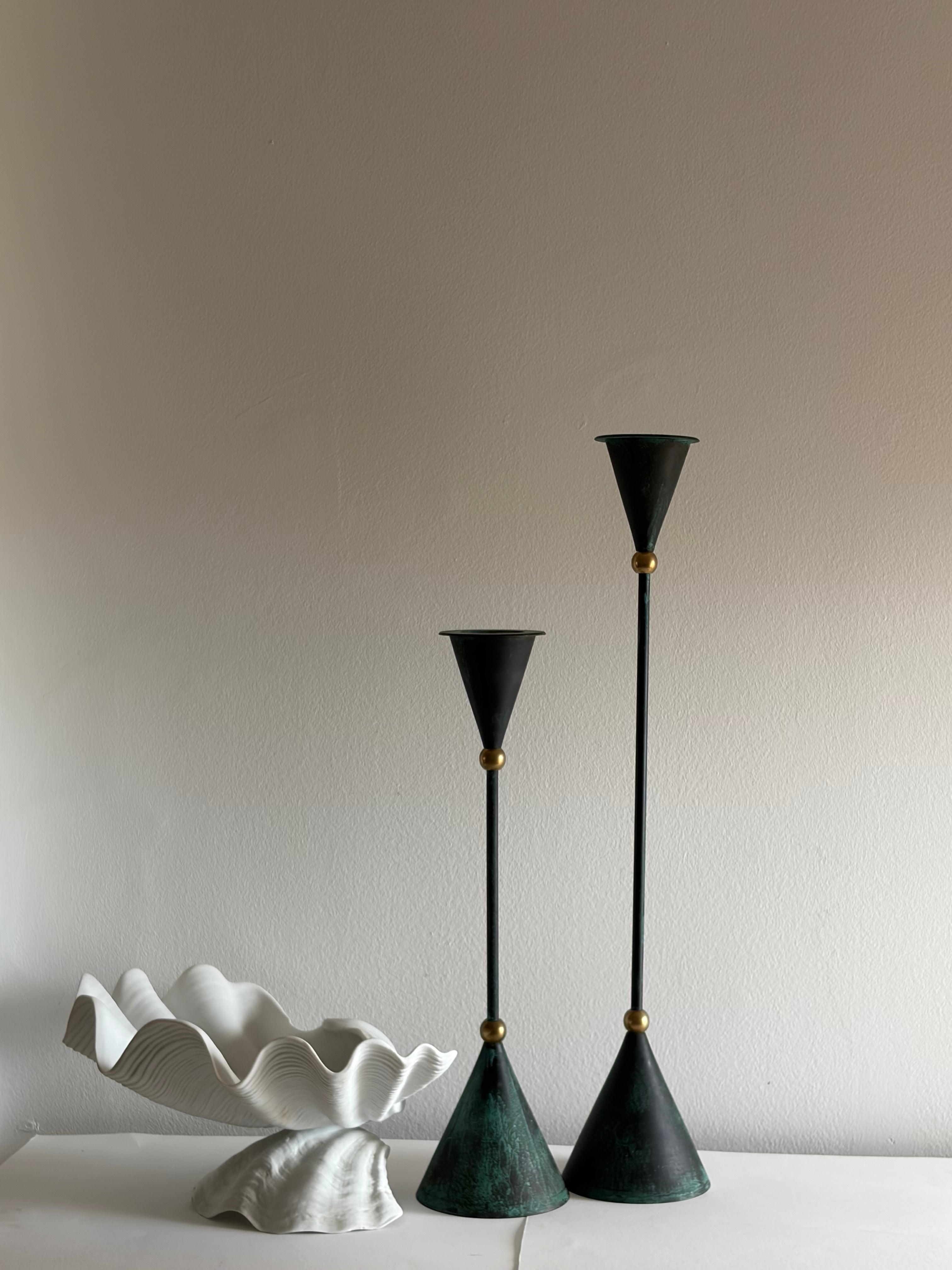 Oversized Memphis style sculptural metal and brass candleholders, 1980s — detail view