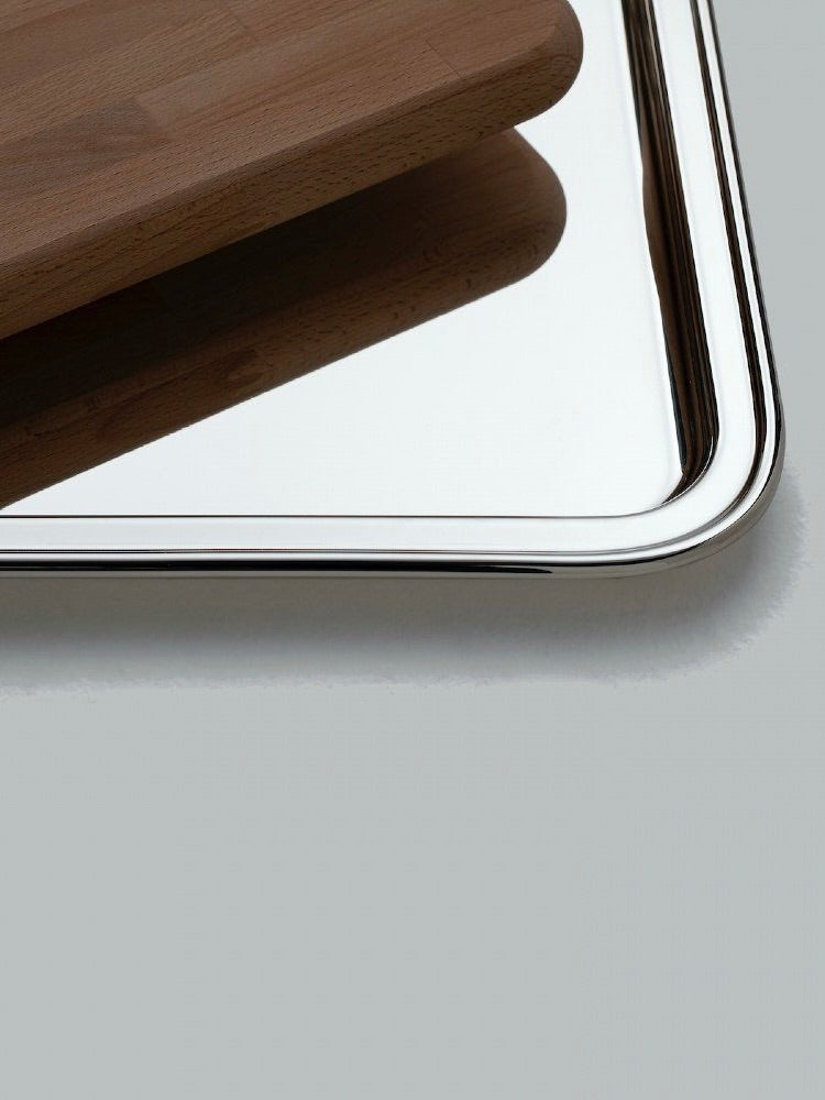Silver-plated and beech wood Set — side angle showing wooden surface and tray