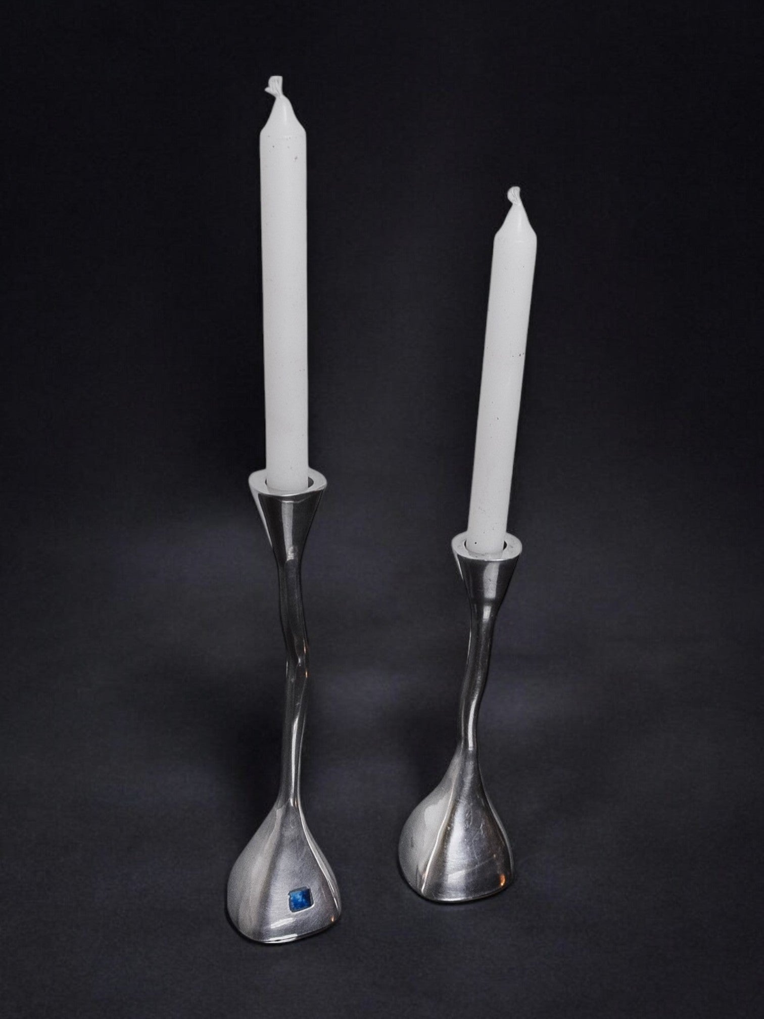Pair of zigzag candle holders, solid aluminum and polished stone, art3, Spain, 1970 — lifestyle setting