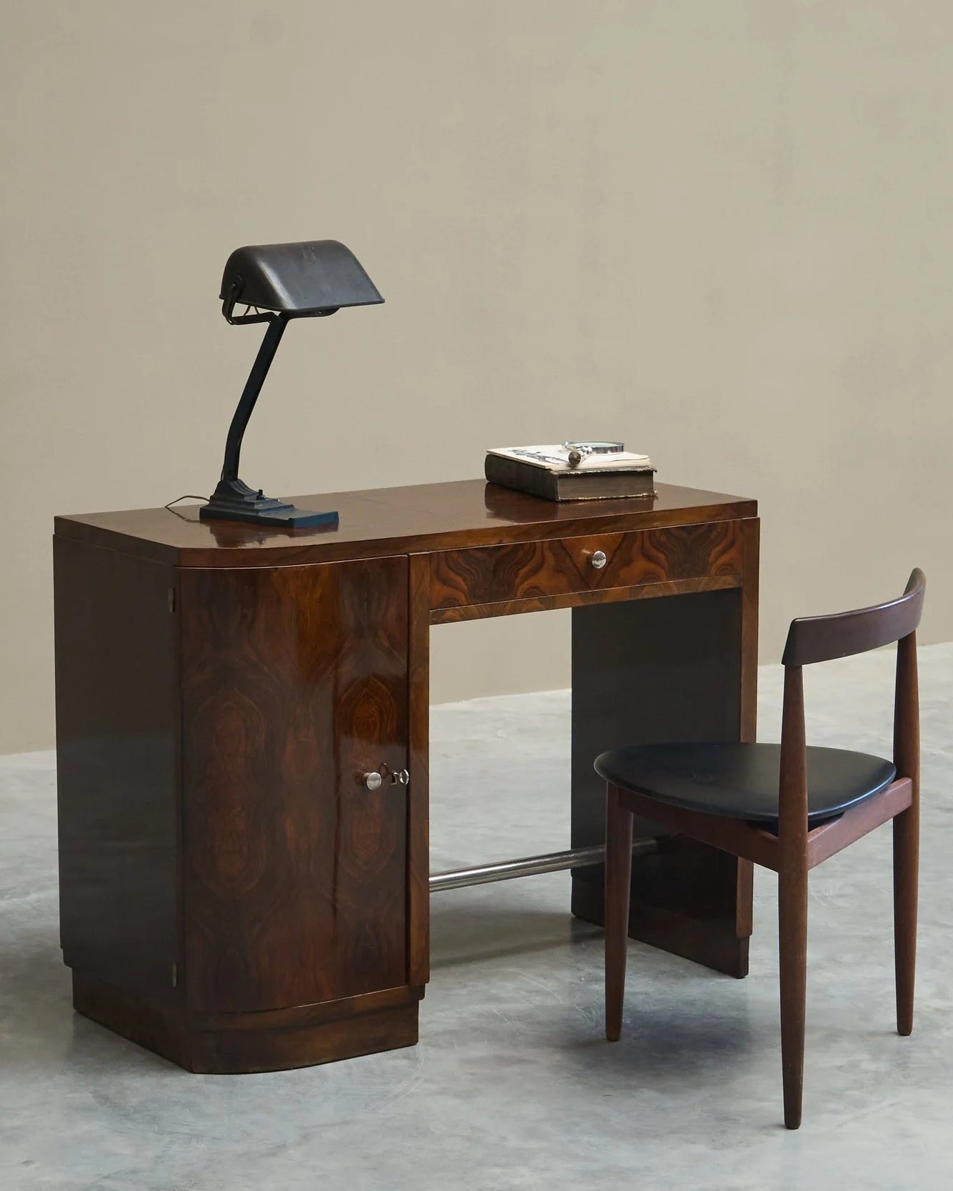 Art Deco Desk in Bookmatched Walnut Veneer 1930s — side angle