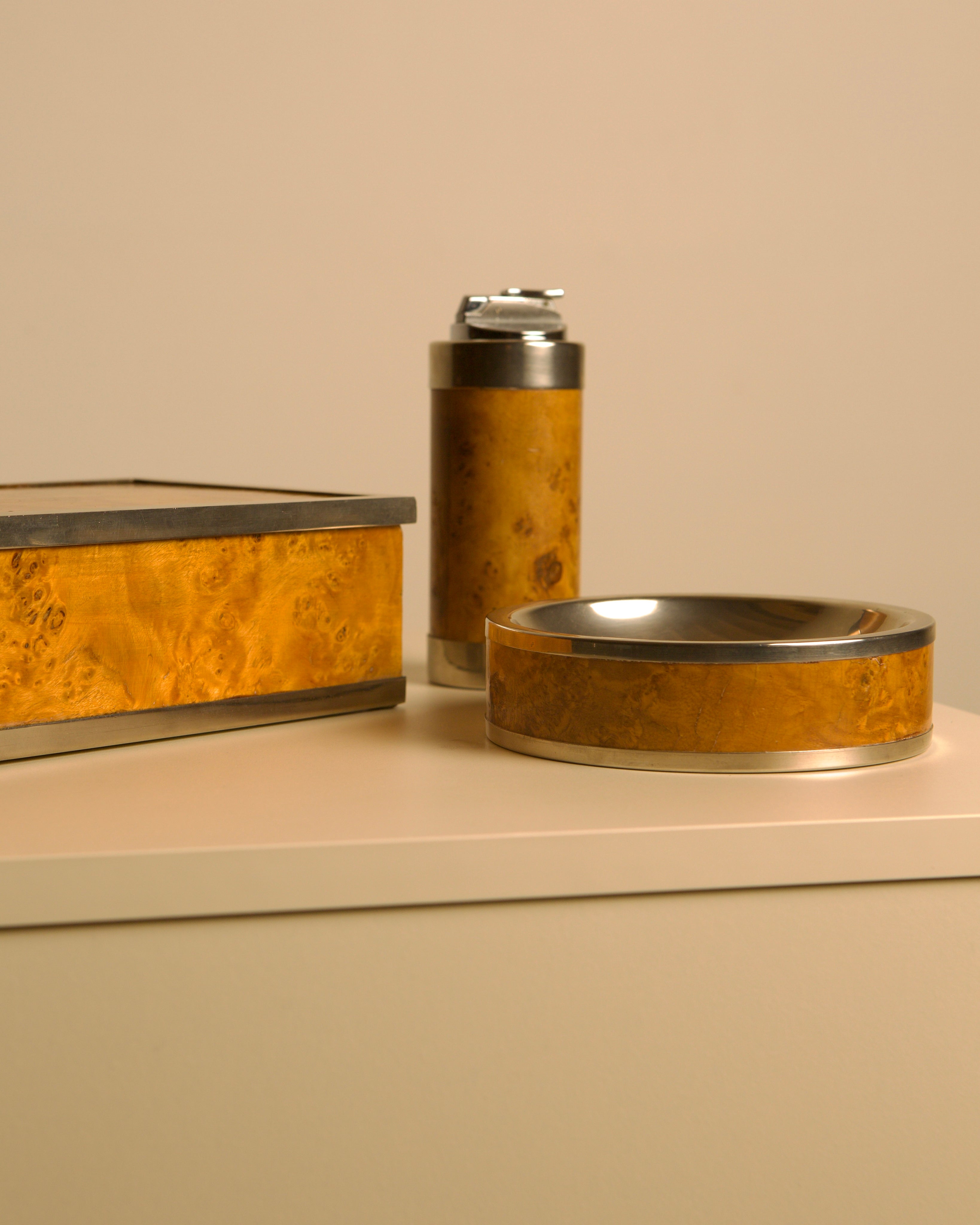 Italian 1970s poplar burl wood and metal smoking desk set — back view showing box and ashtray