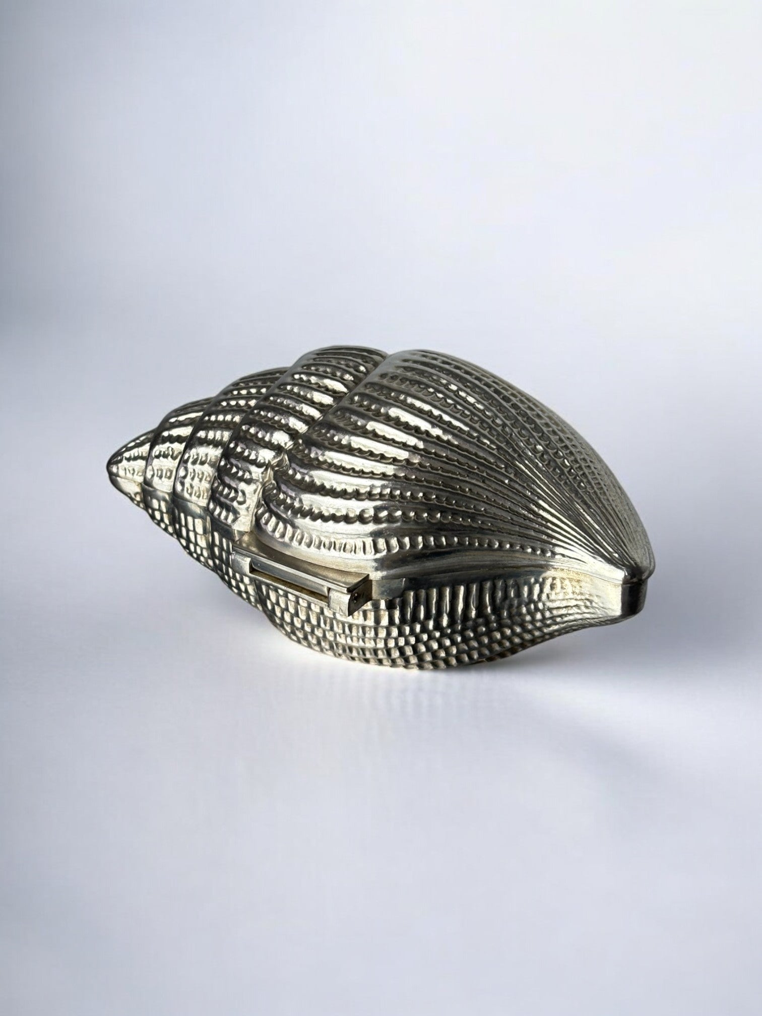 Shell Jewelry Box, Silver Plated, Italy, Circa 1970s — side angle showing textured shell design