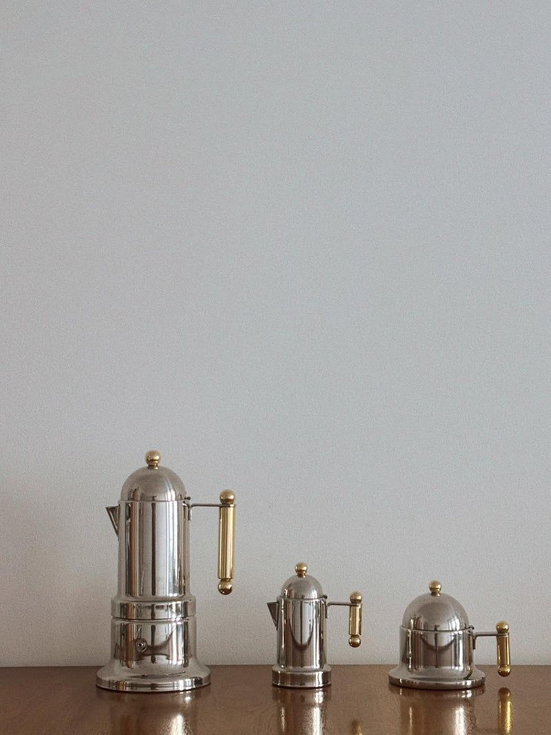 Kontessa Moka Set, c. 1980's Italy — close-up of polished metal coffee pots