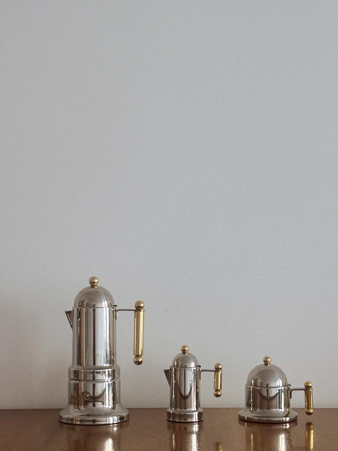 Kontessa Moka Set, c. 1980's Italy — close-up of polished metal coffee pots