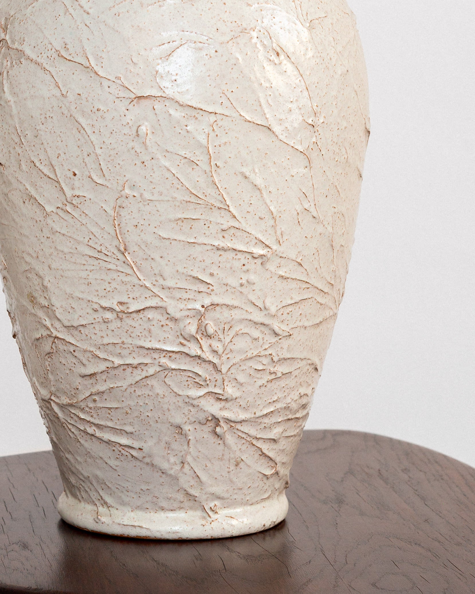 Large Textured Ceramic Vase, 1940s-50s Sweden — close-up of textured surface on wooden table