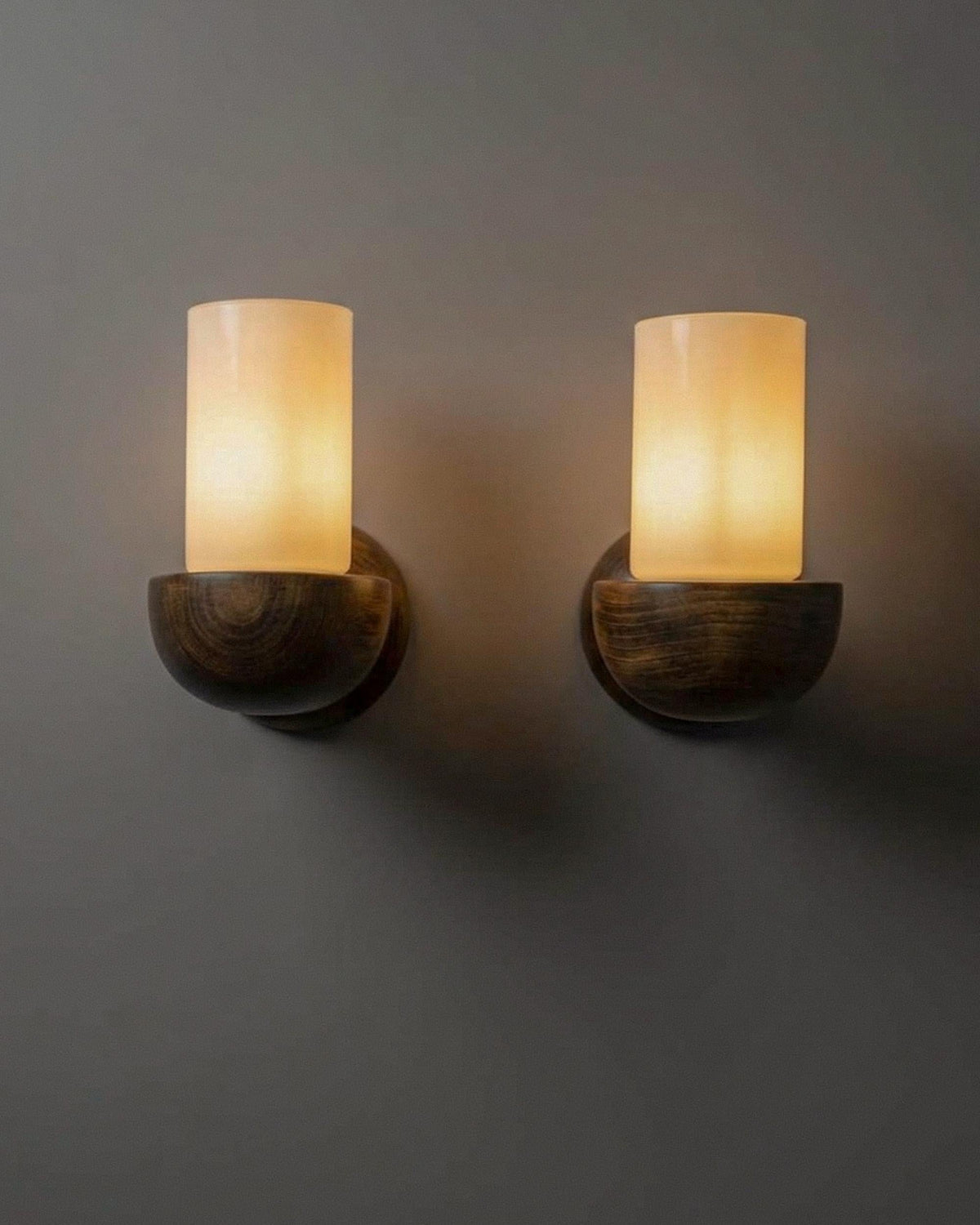 Vintage 1960s Wall Lamps Set of 2, Dark Wood with White Glass Shades, Mid Century Modern Lighting, Sculptural Wall Sconces — lifestyle setting