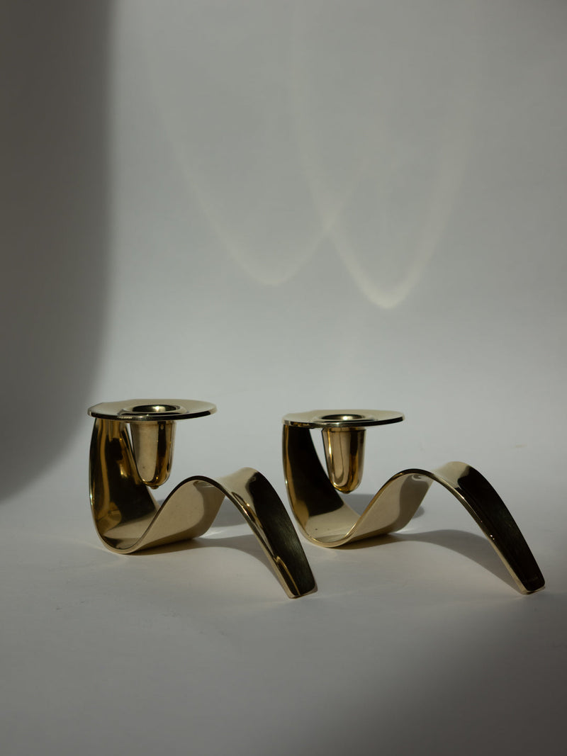 Rare Brass Candle Holders by Carl M. Cohr, Denmark, c. 1960s — close-up of wavy brass design